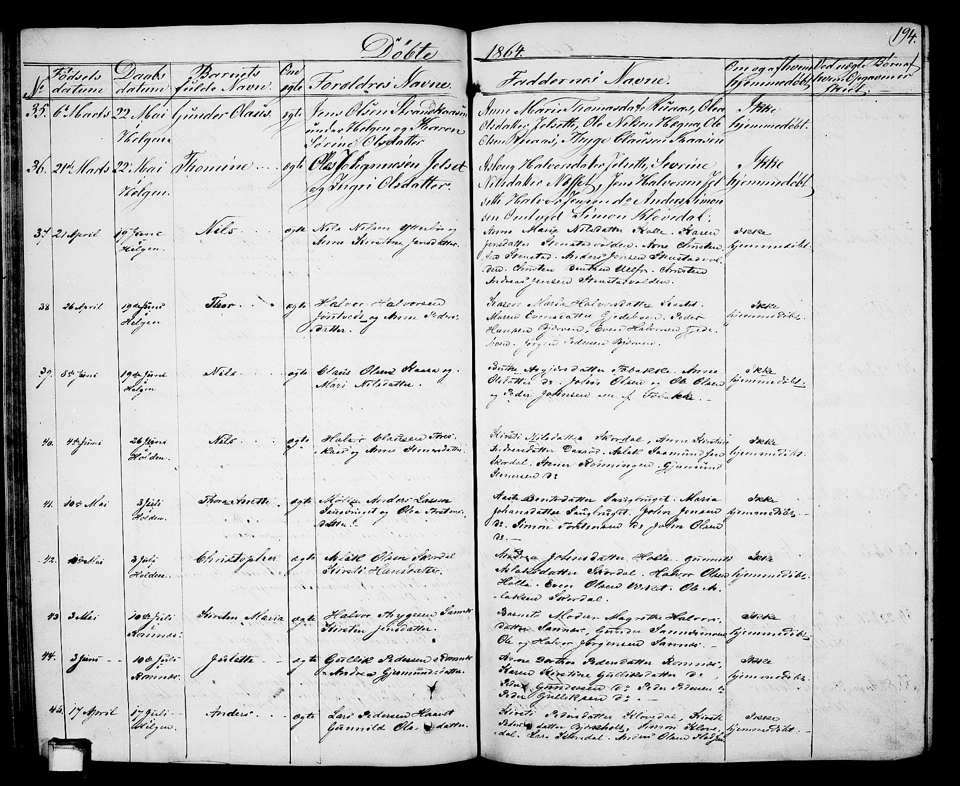 Holla kirkebøker, AV/SAKO-A-272/G/Ga/L0003: Parish register (copy) no. I 3, 1849-1866, p. 194