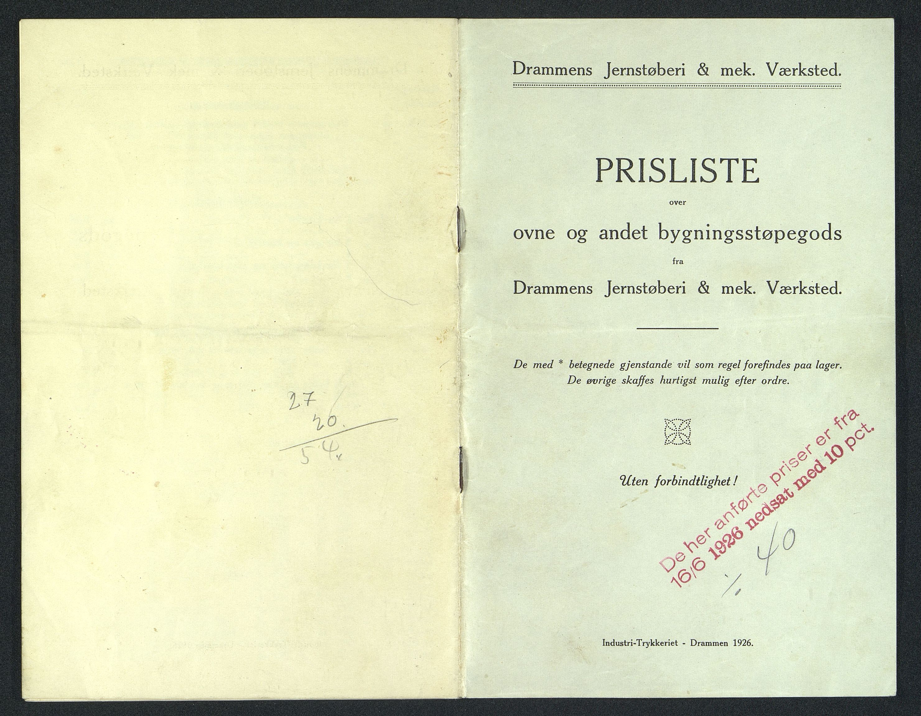 Næs Jernverksmuseets samling av historiske ovnskataloger, NESJ/NJM-006/01/L0039: Drammens Jernstøberi & mek. Værksted, Prisliste over ovne og andet bygningsstøpegods, 1926, 1926