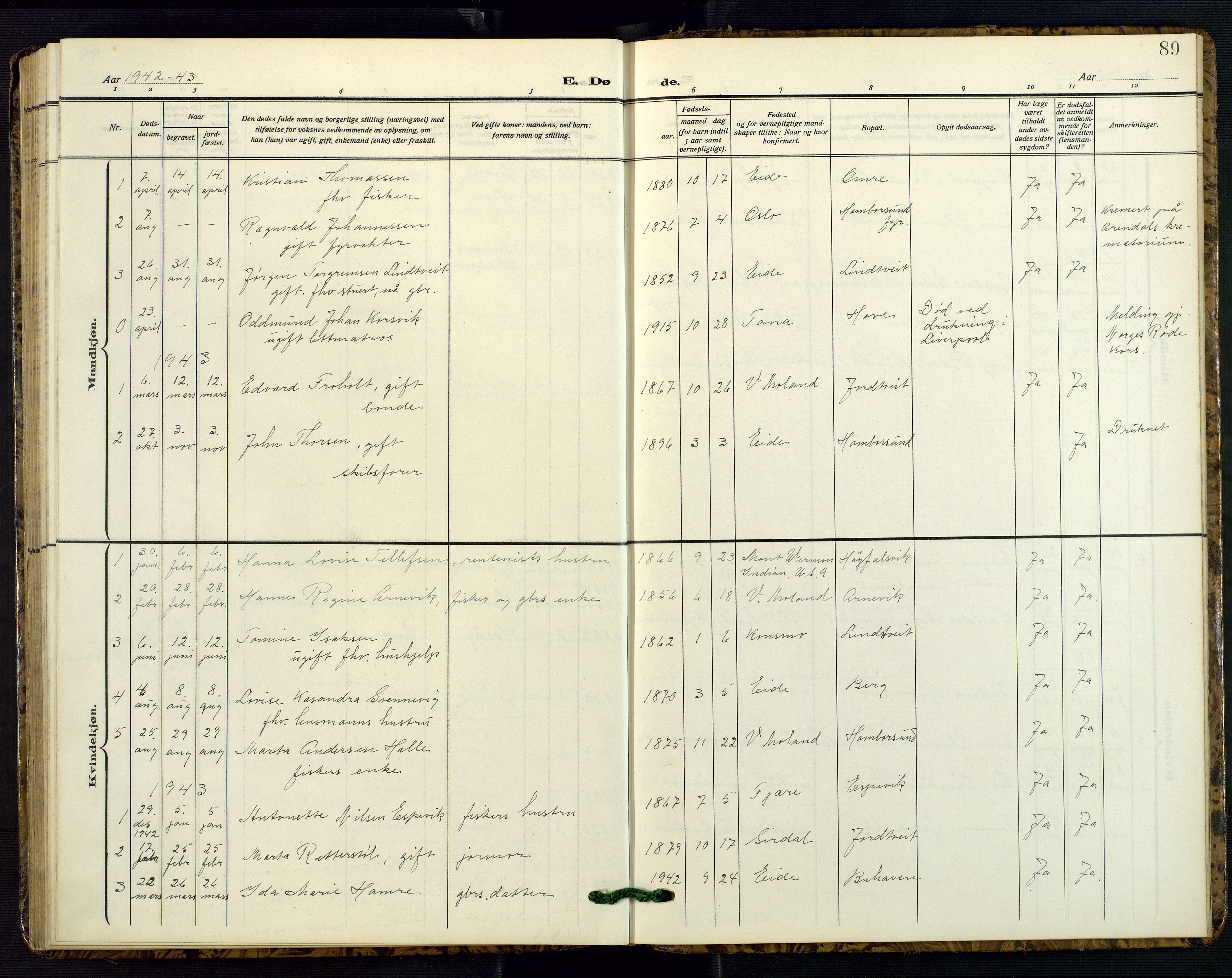 Hommedal sokneprestkontor, SAK/1111-0023/F/Fb/Fba/L0005: Parish register (copy) no. B 5, 1909-1957, p. 89