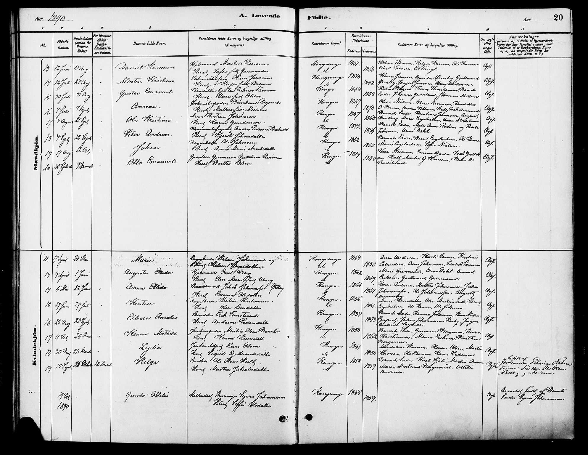 Vinger prestekontor, AV/SAH-PREST-024/H/Ha/Haa/L0013: Parish register (official) no. 13, 1881-1897, p. 20