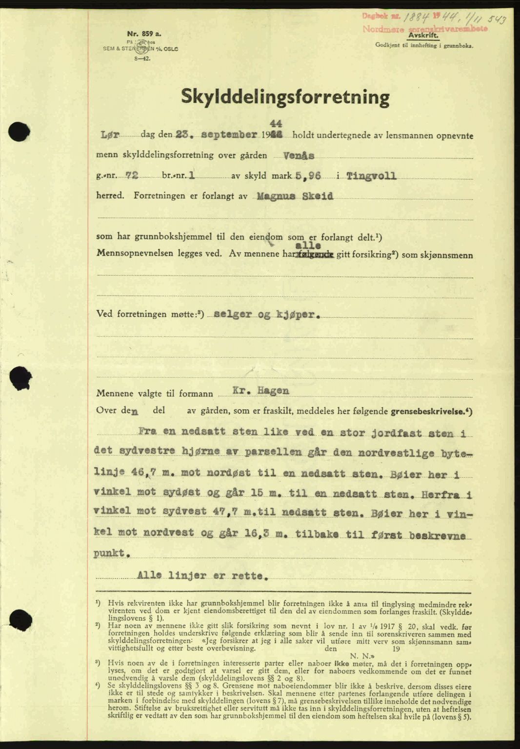 Nordmøre sorenskriveri, AV/SAT-A-4132/1/2/2Ca: Mortgage book no. A98, 1944-1944, Diary no: : 1884/1944