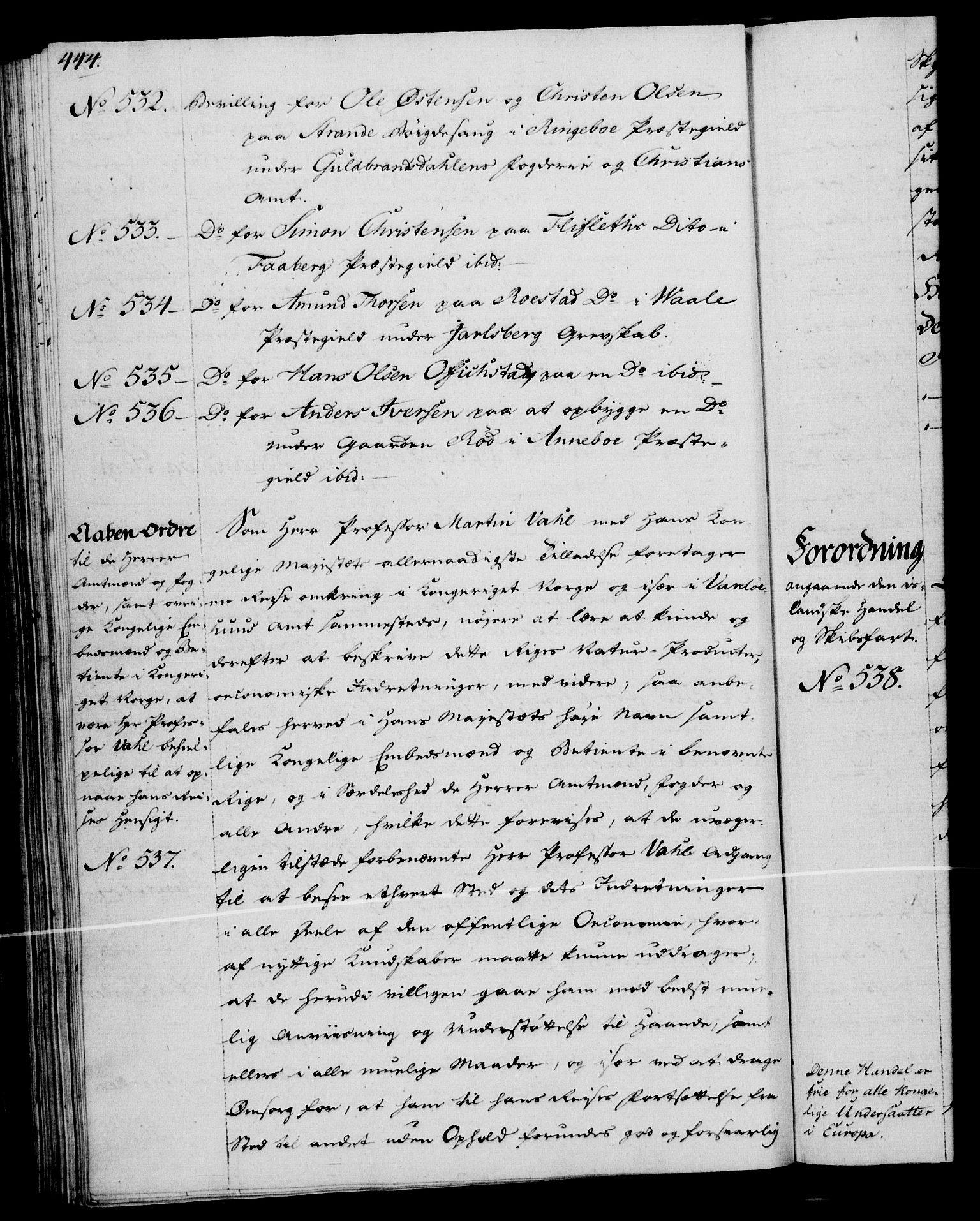 Rentekammeret, Kammerkanselliet, RA/EA-3111/G/Gg/Gga/L0013: Norsk ekspedisjonsprotokoll med register (merket RK 53.13), 1784-1787, p. 444