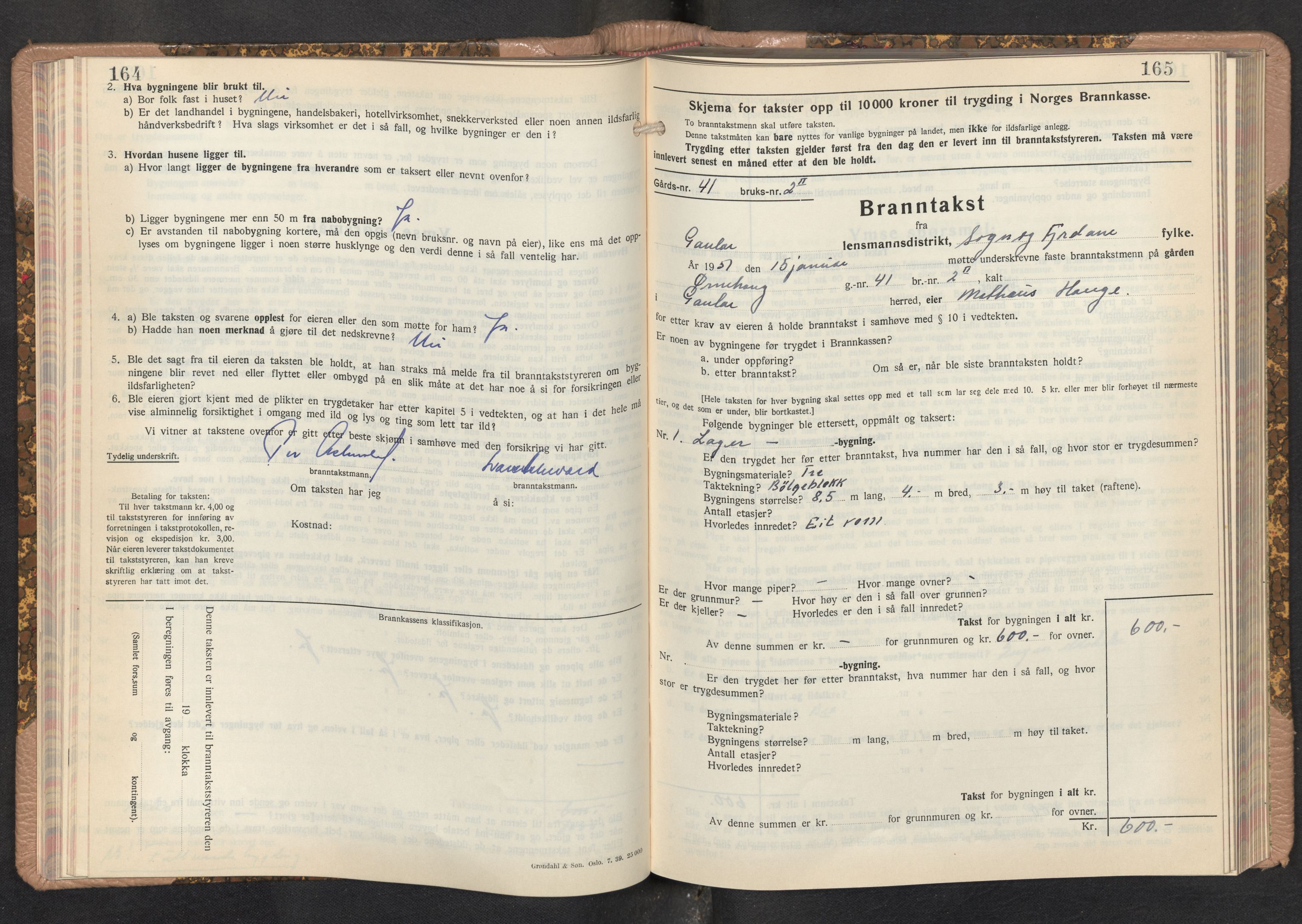Lensmannen i Gaular, AV/SAB-A-27601/0012/L0007: Branntakstprotokoll, skjematakst, 1943-1955, p. 164-165