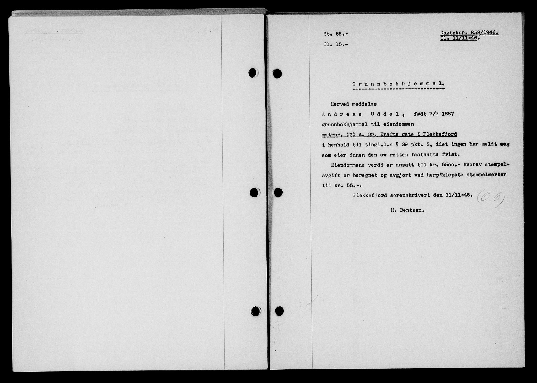 Flekkefjord sorenskriveri, AV/SAK-1221-0001/G/Gb/Gba/L0061: Mortgage book no. A-9, 1946-1947, Diary no: : 858/1946