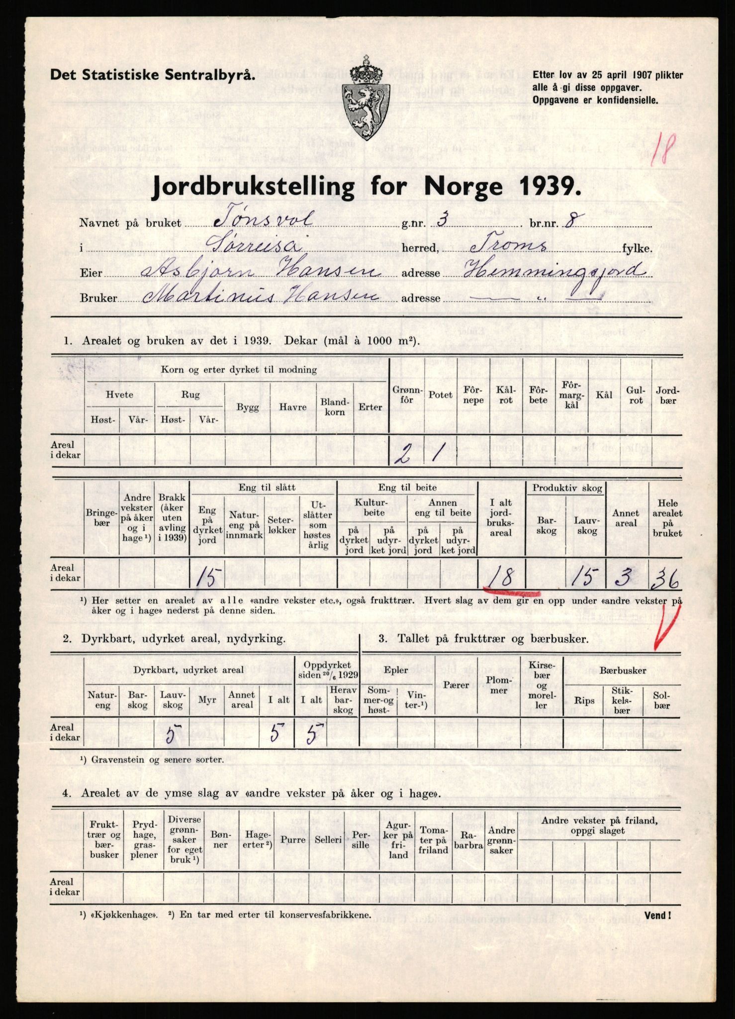 Statistisk sentralbyrå, Næringsøkonomiske emner, Jordbruk, skogbruk, jakt, fiske og fangst, AV/RA-S-2234/G/Gb/L0341: Troms: Sørreisa og Tranøy, 1939, p. 219