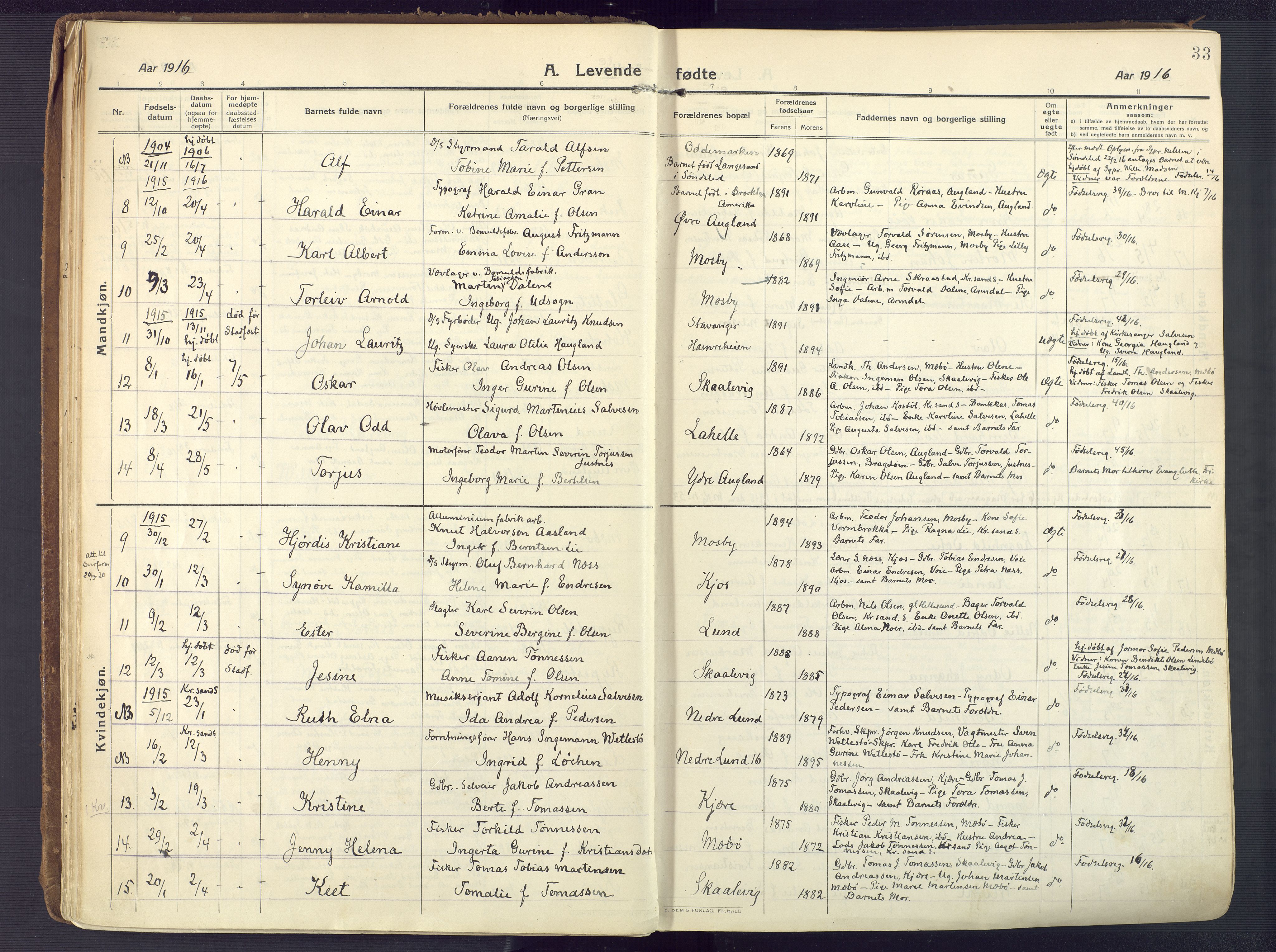 Oddernes sokneprestkontor, AV/SAK-1111-0033/F/Fa/Faa/L0012: Parish register (official) no. A 12, 1912-1925, p. 33