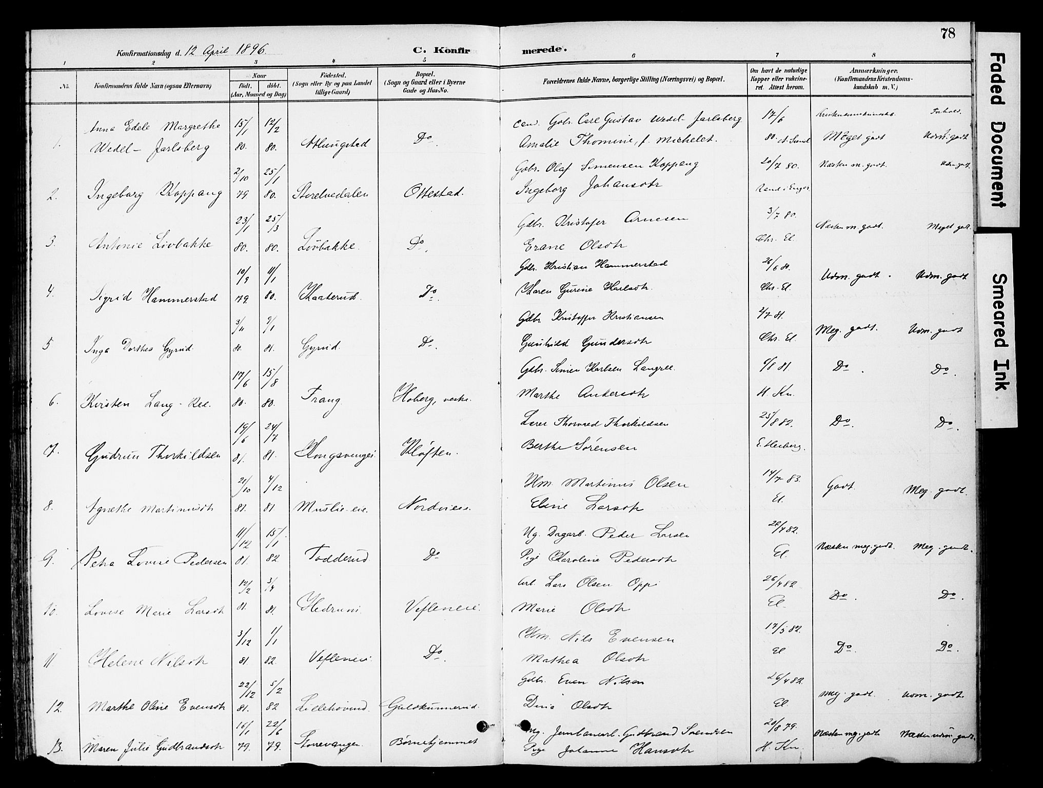 Stange prestekontor, AV/SAH-PREST-002/K/L0021: Parish register (official) no. 21, 1891-1902, p. 78