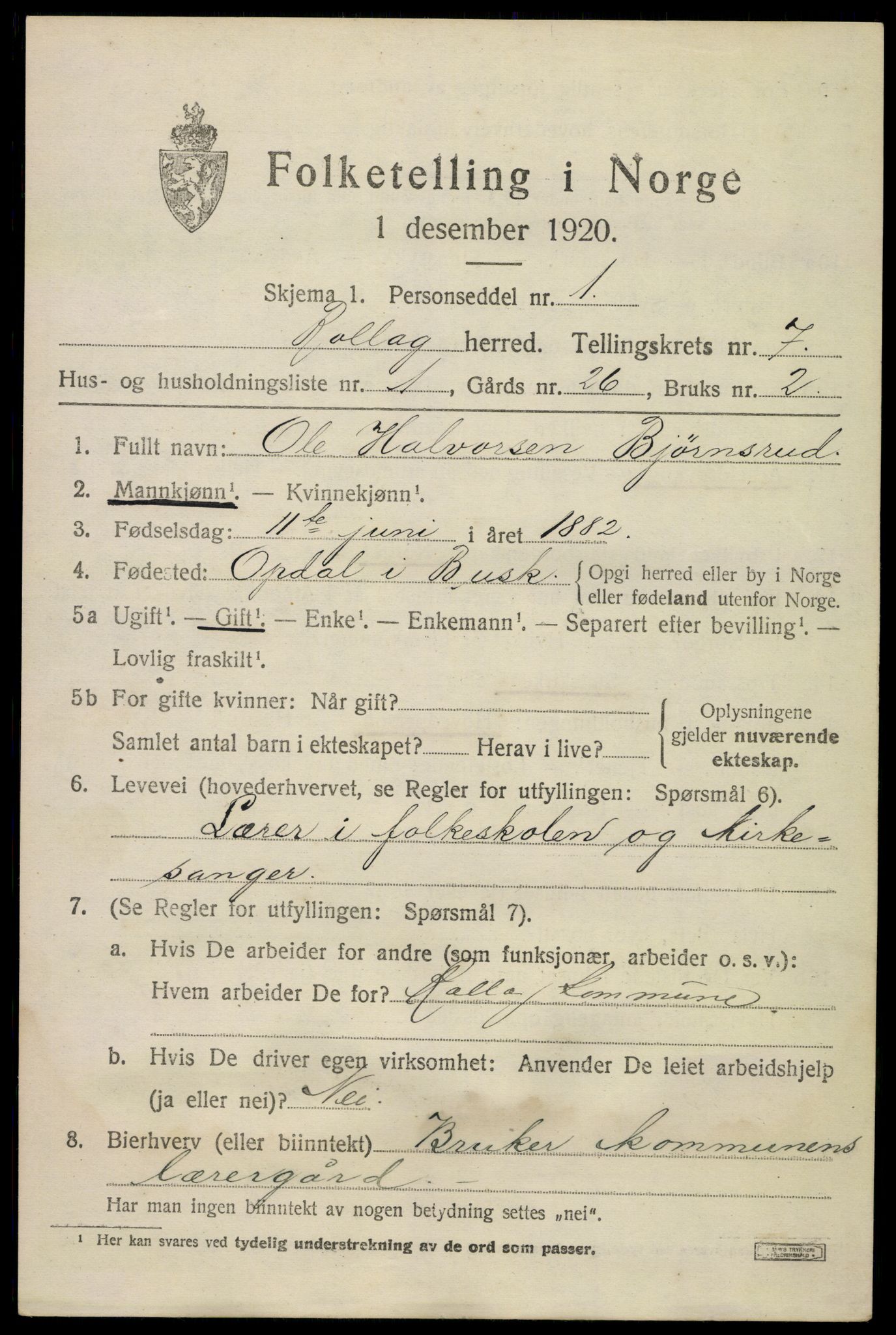 SAKO, 1920 census for Rollag, 1920, p. 2492