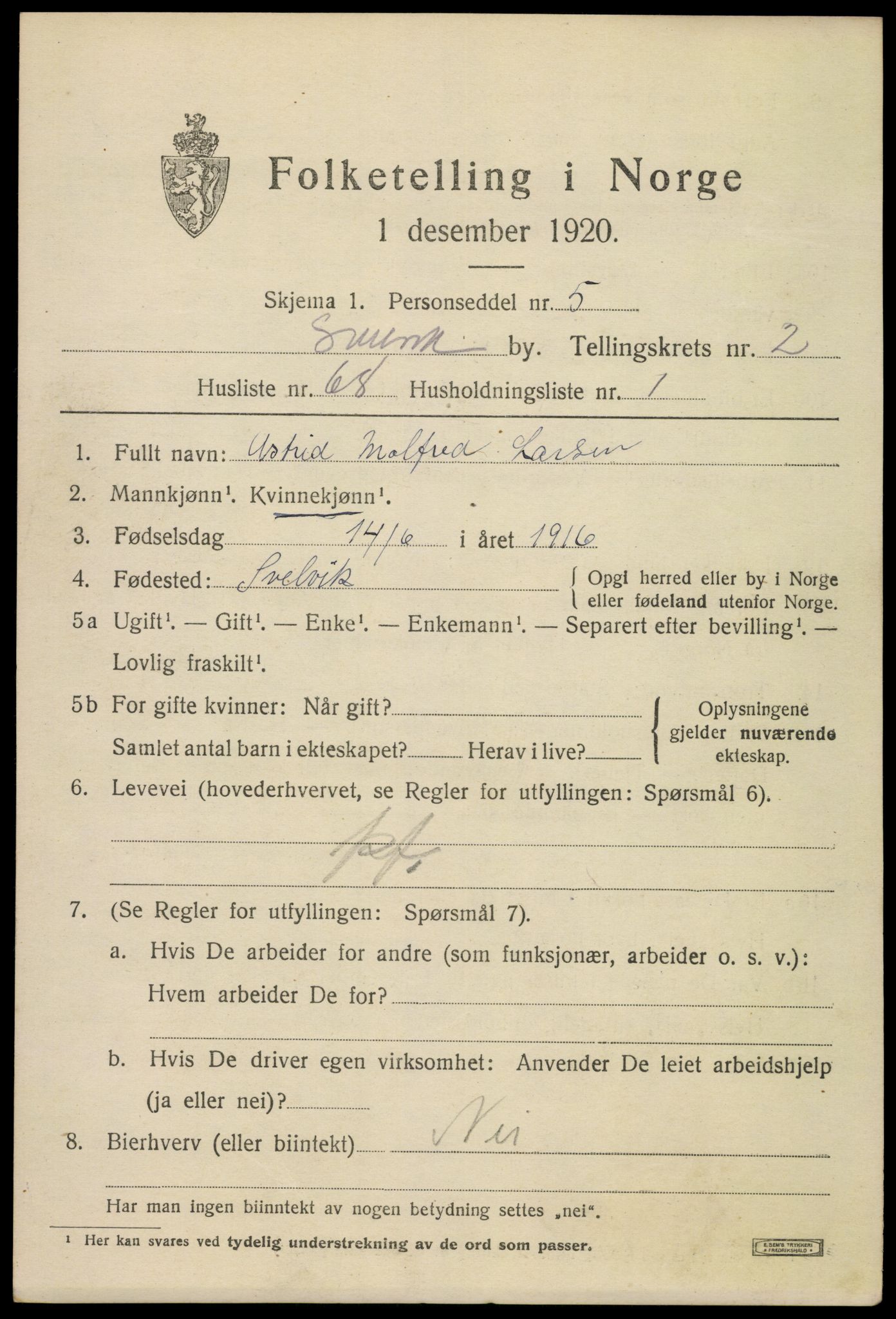 SAKO, 1920 census for Svelvik, 1920, p. 3105