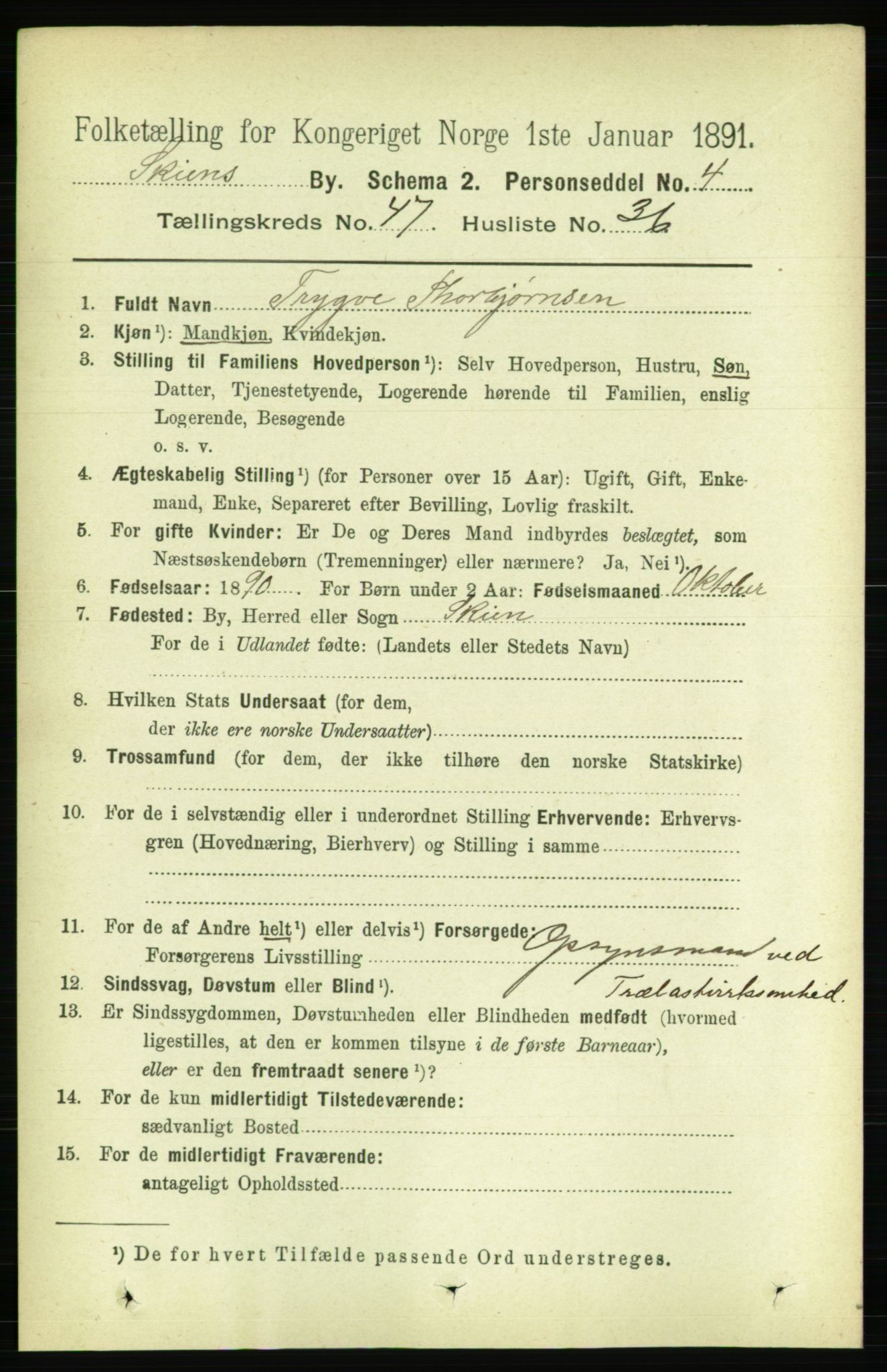 RA, 1891 census for 0806 Skien, 1891, p. 9520