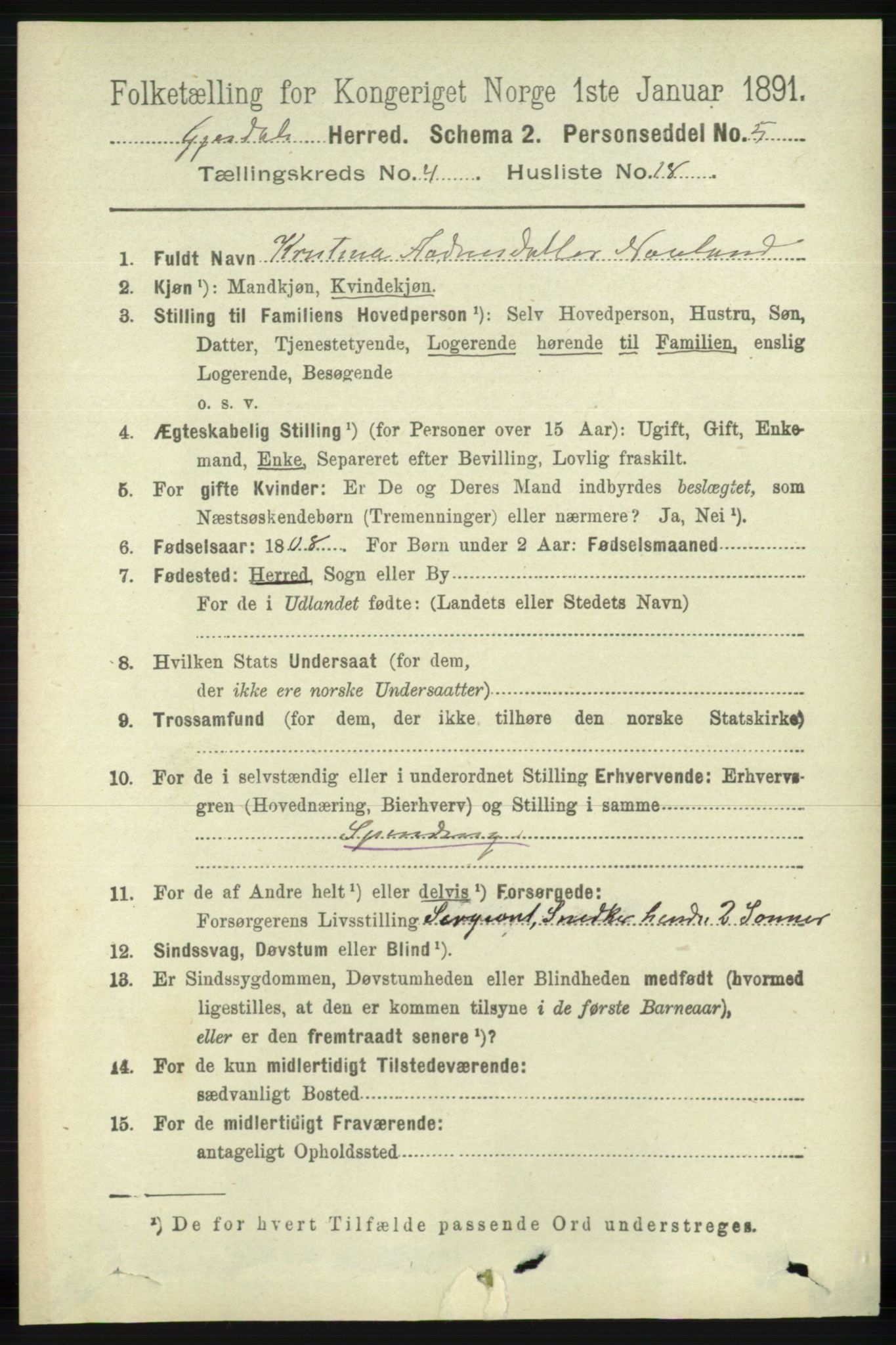 RA, 1891 census for 1122 Gjesdal, 1891, p. 1326