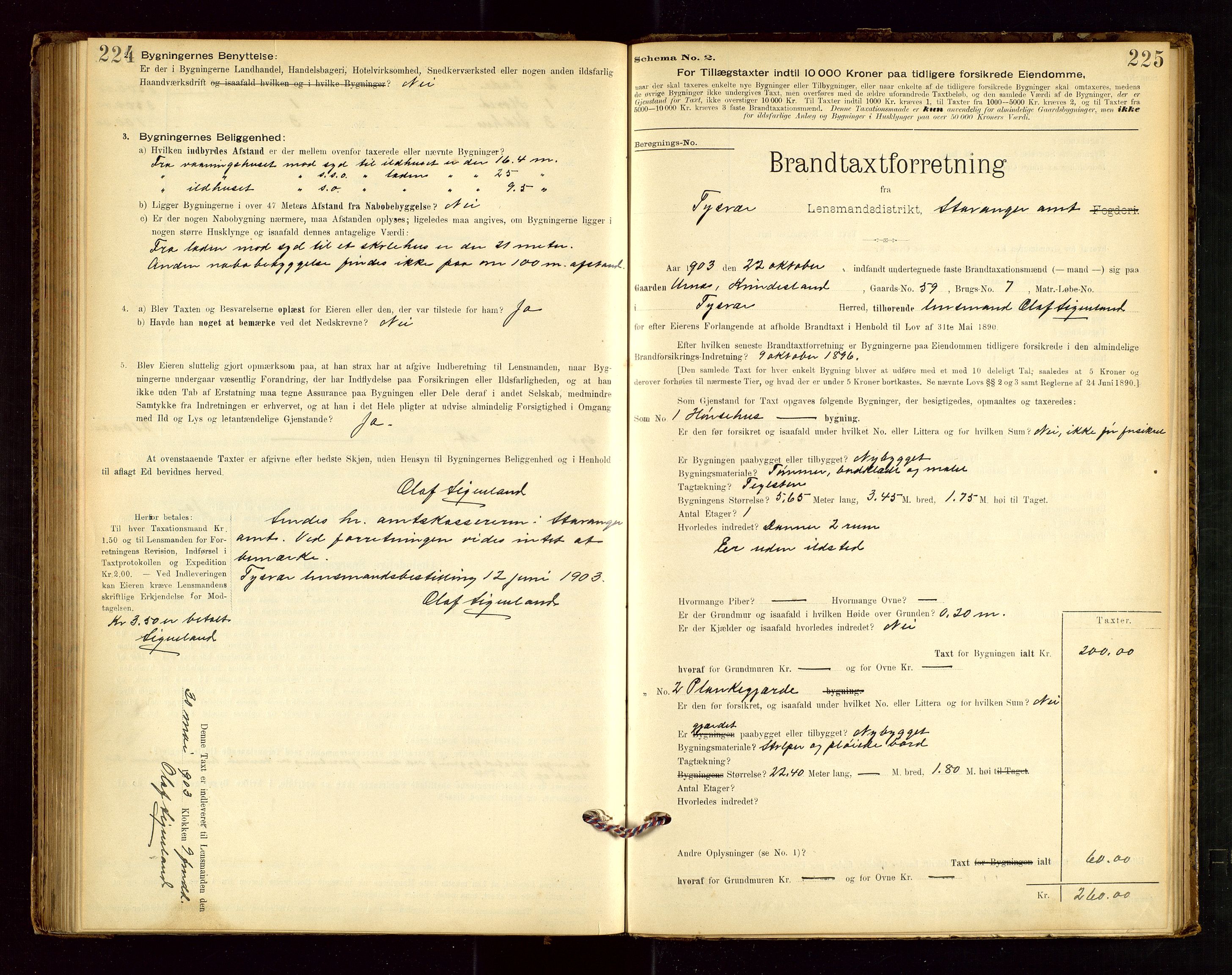 Tysvær lensmannskontor, AV/SAST-A-100192/Gob/L0001: "Brandtaxationsprotokol for Tysvær Lensmandsdistrikt Ryfylke Fogderi", 1894-1916, p. 224-225