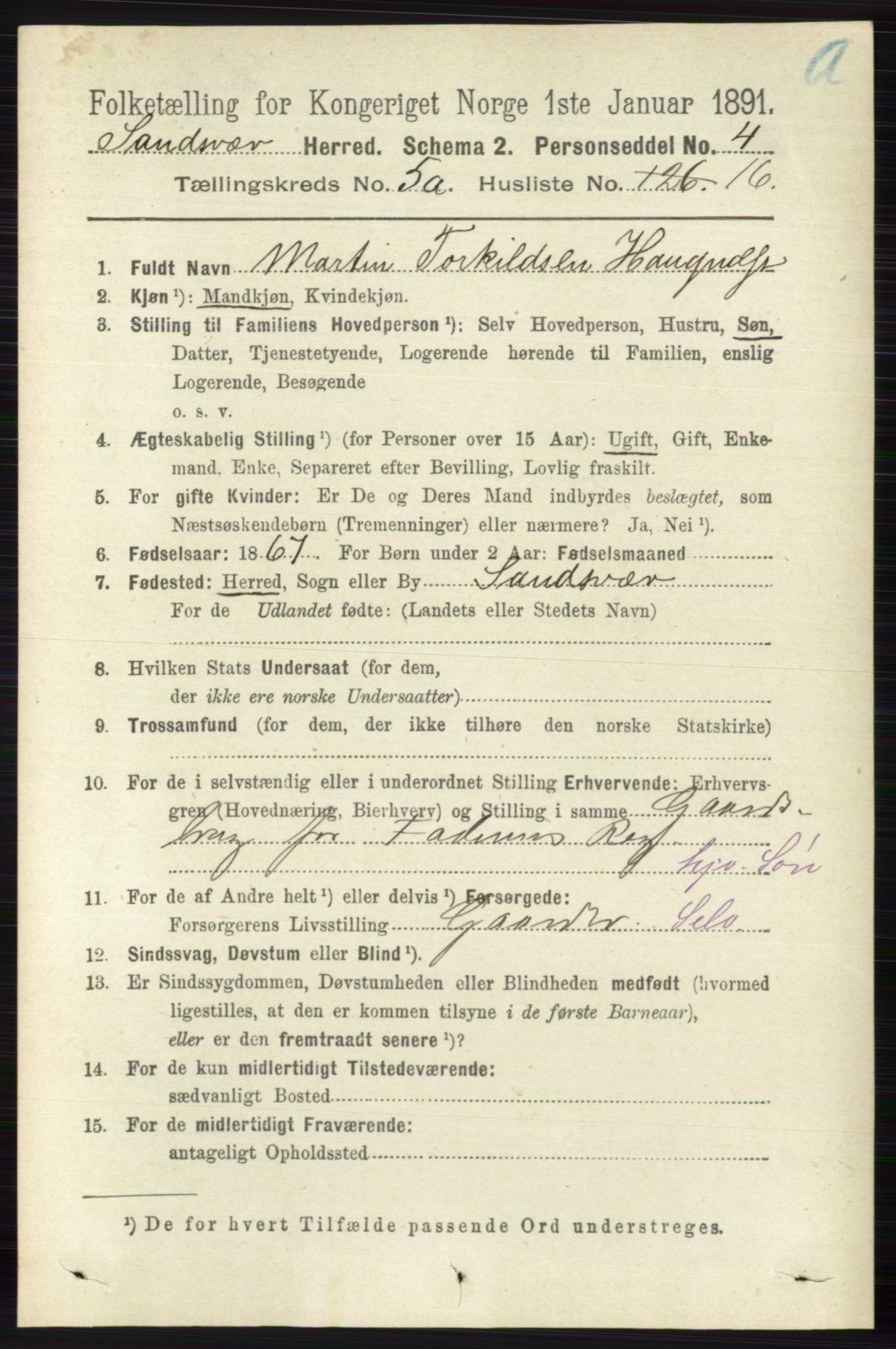 RA, 1891 census for 0629 Sandsvær, 1891, p. 2578