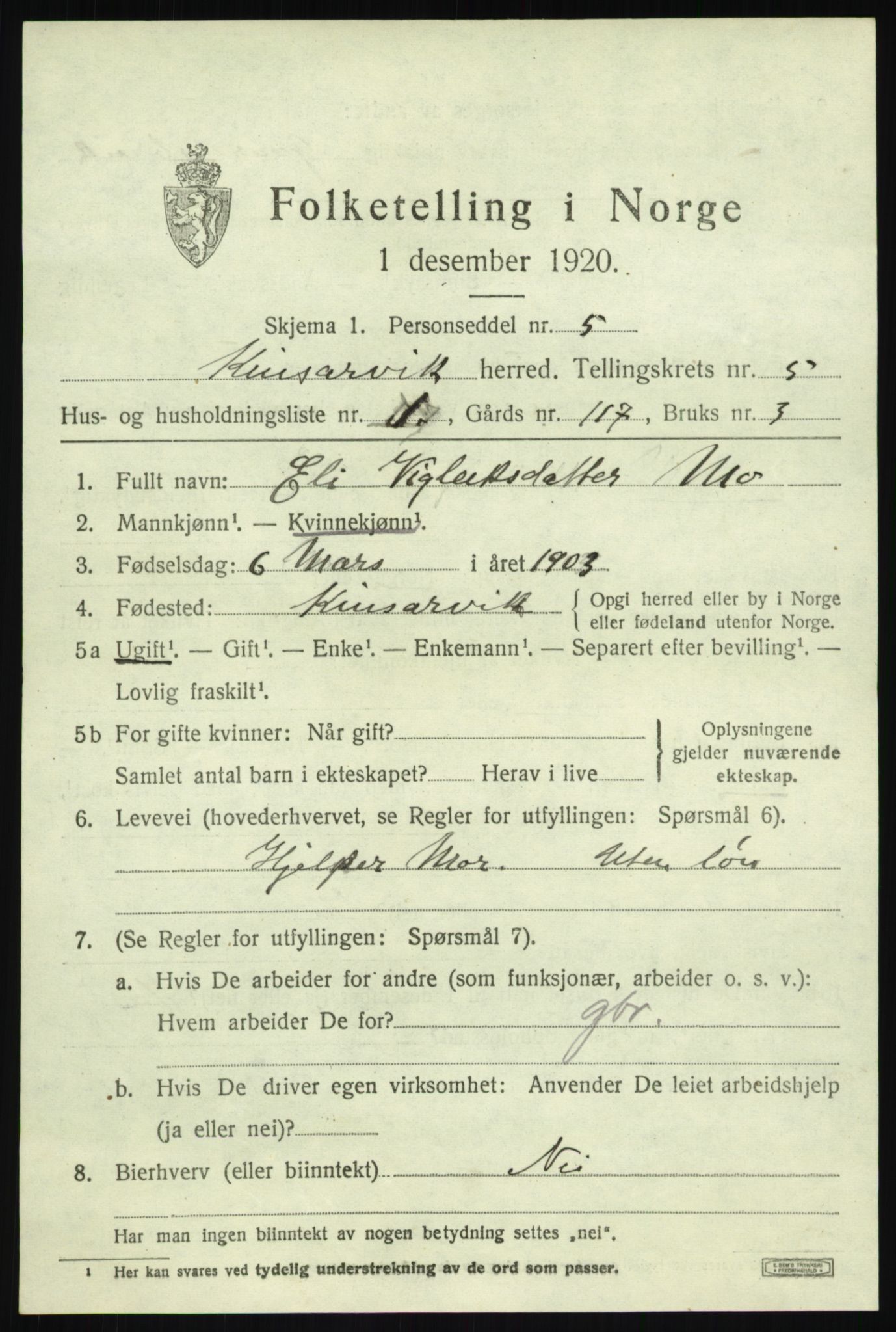 SAB, 1920 census for Kinsarvik, 1920, p. 2614