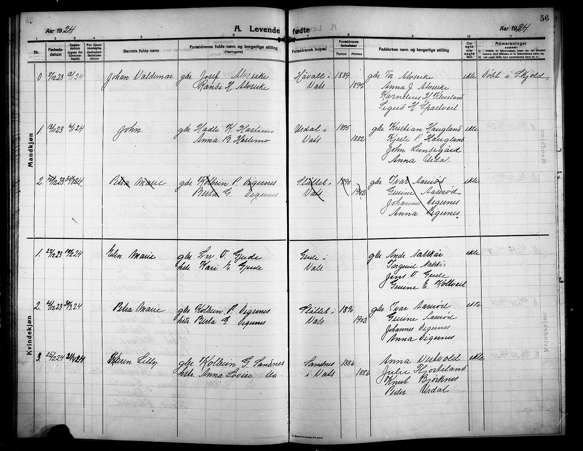 Skjold sokneprestkontor, SAST/A-101847/H/Ha/Hab/L0009: Parish register (copy) no. B 9, 1914-1925, p. 56