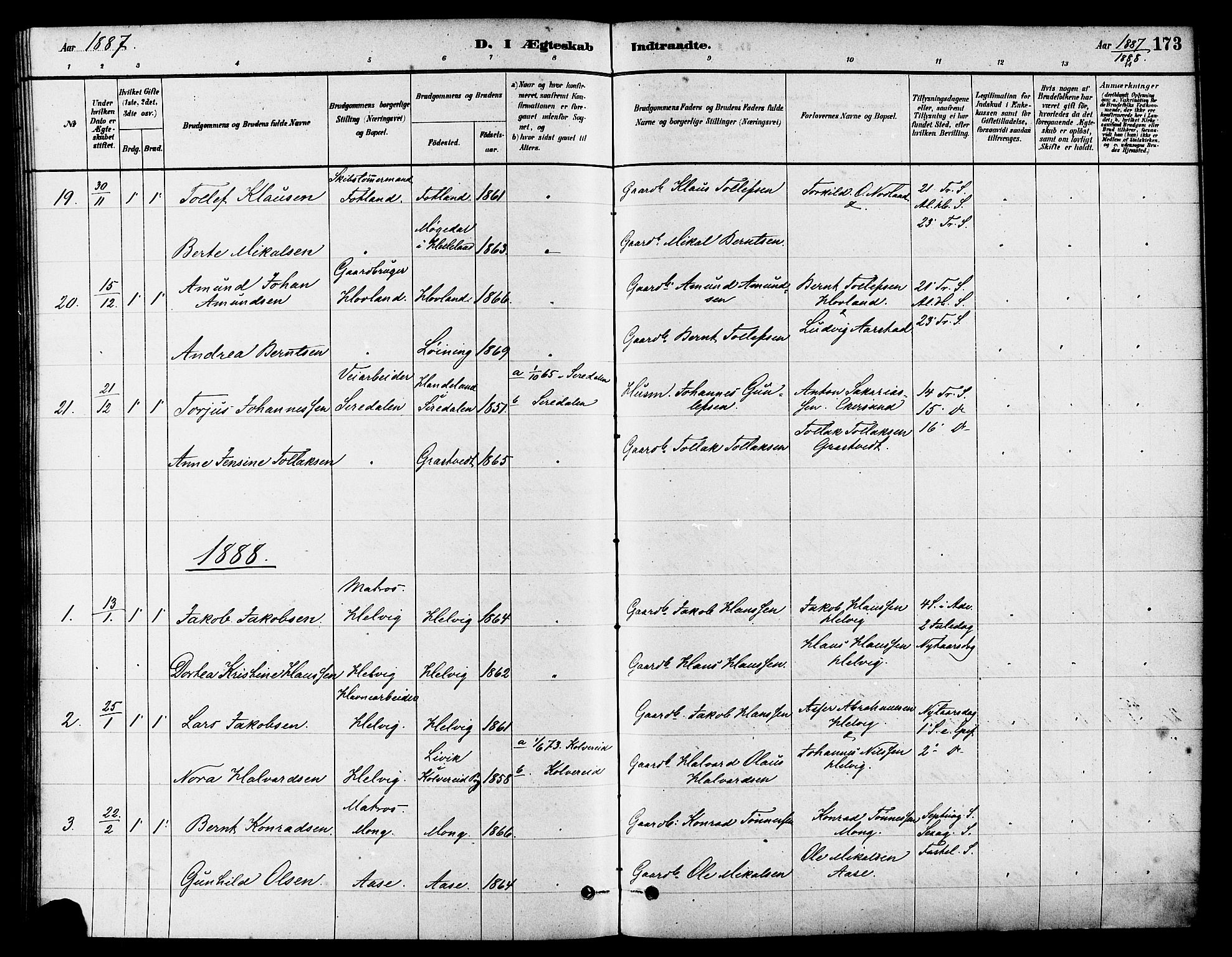 Eigersund sokneprestkontor, AV/SAST-A-101807/S08/L0017: Parish register (official) no. A 14, 1879-1892, p. 173