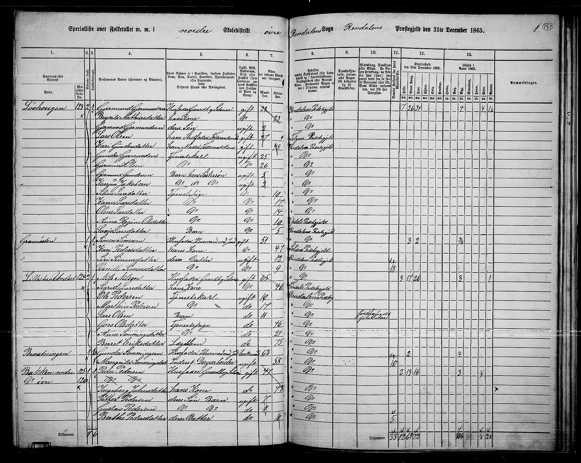 RA, 1865 census for Rendalen, 1865, p. 126