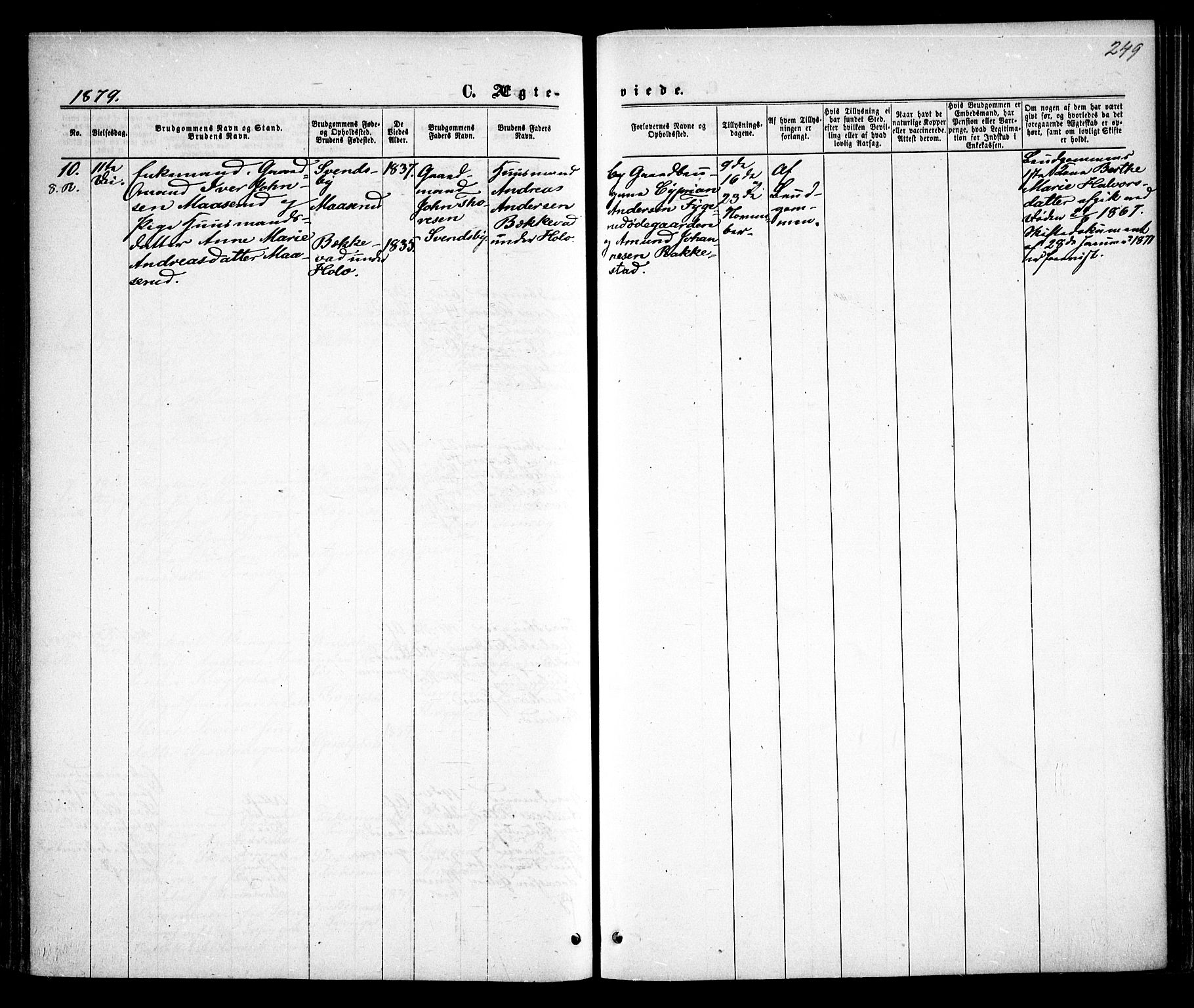 Rødenes prestekontor Kirkebøker, AV/SAO-A-2005/F/Fa/L0008: Parish register (official) no. I 8, 1869-1879, p. 249