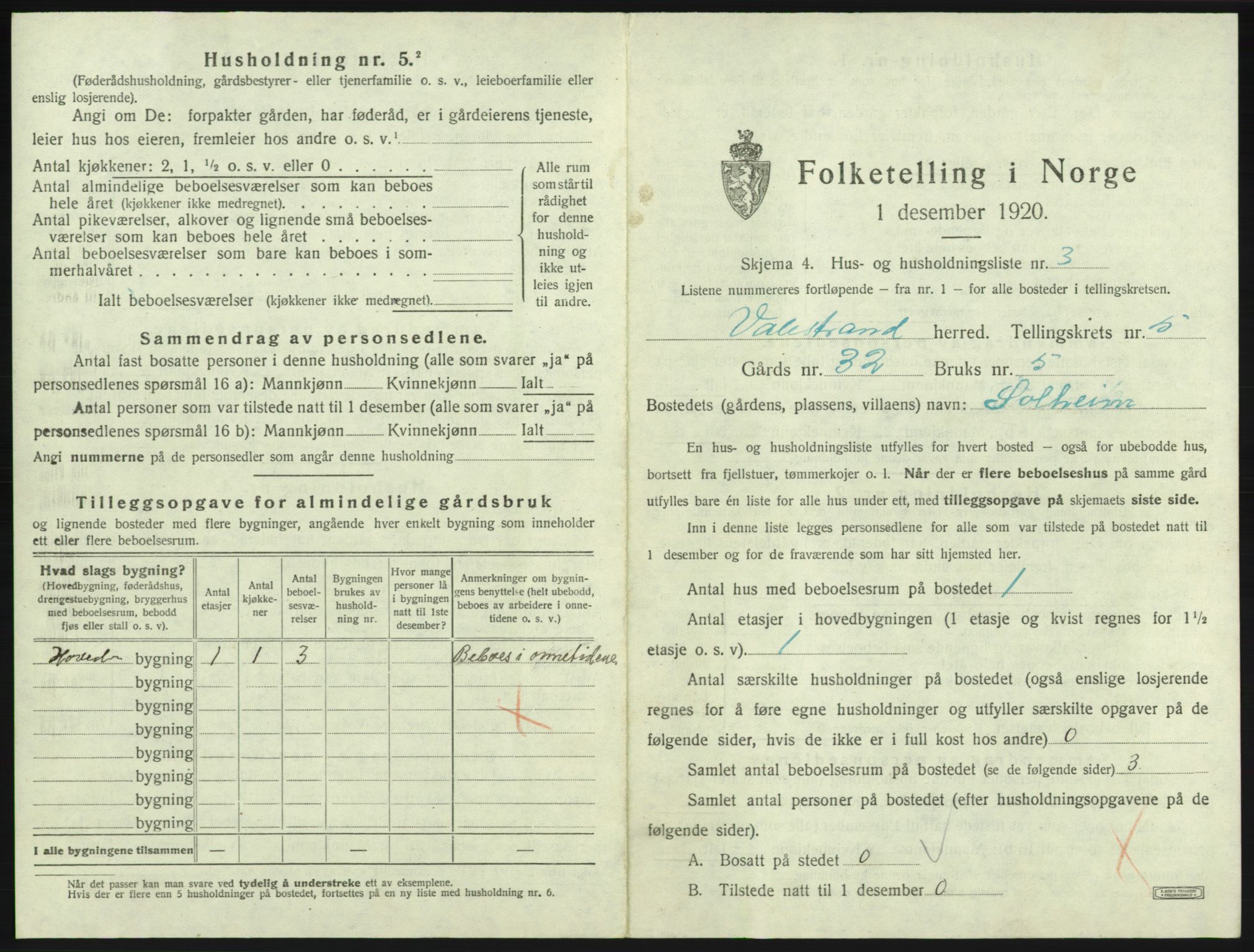 SAB, 1920 census for Valestrand, 1920, p. 334