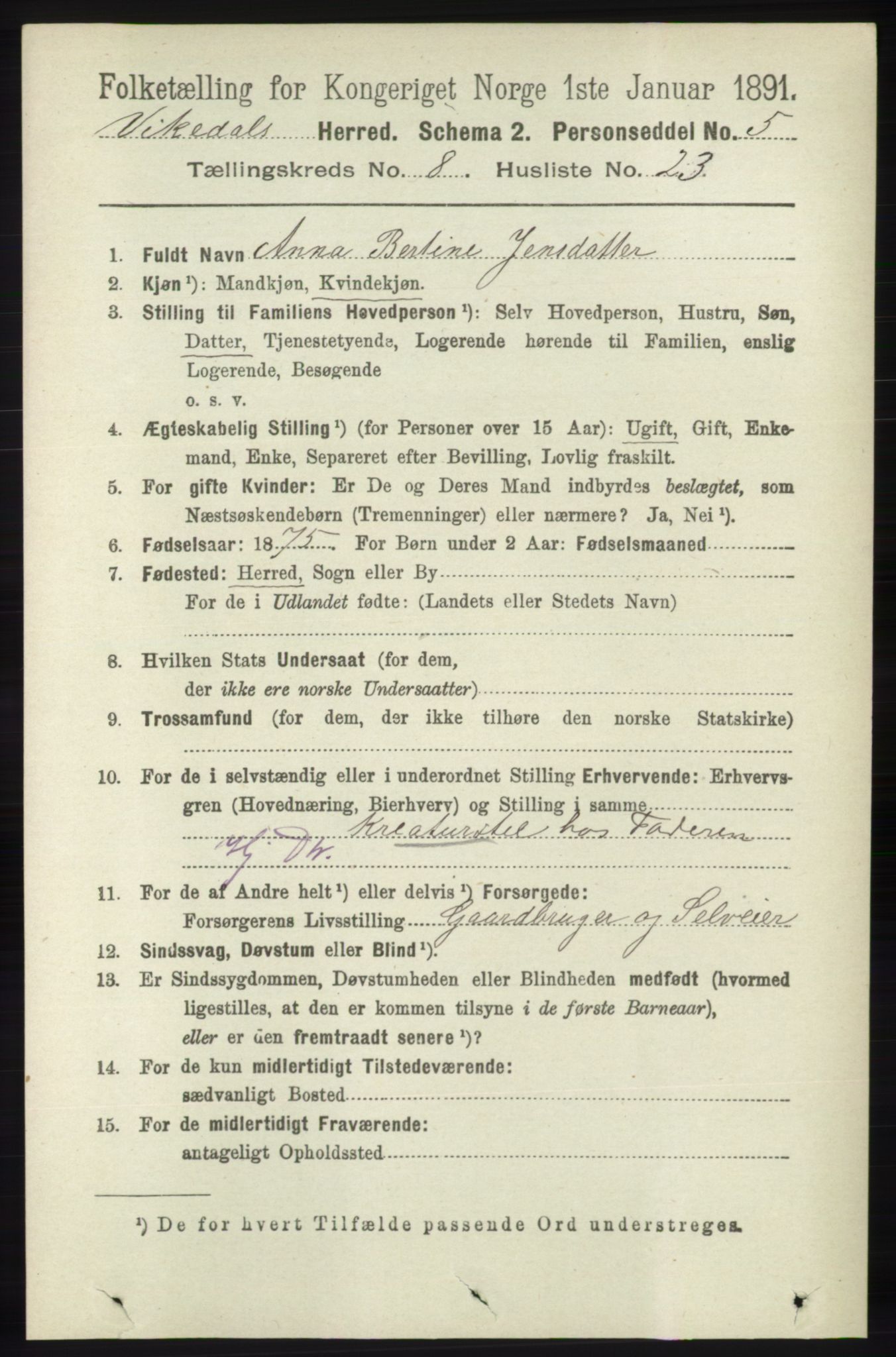 RA, 1891 census for 1157 Vikedal, 1891, p. 2333