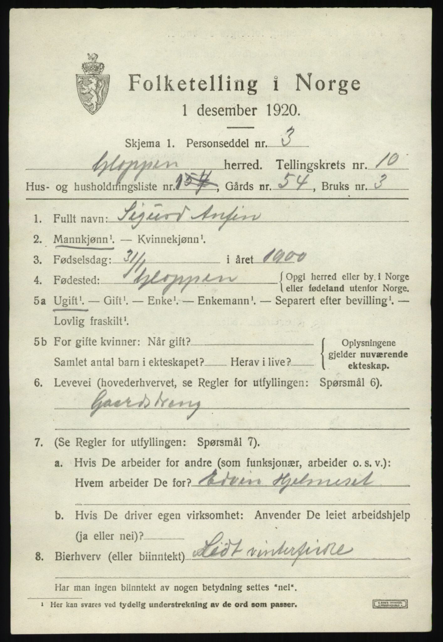 SAB, 1920 census for Gloppen, 1920, p. 5212