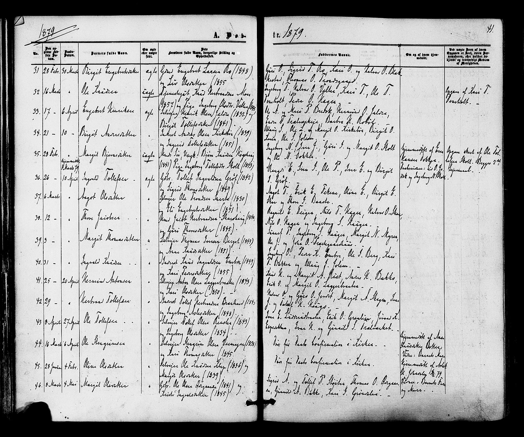 Gol kirkebøker, SAKO/A-226/F/Fa/L0004: Parish register (official) no. I 4, 1876-1886, p. 41
