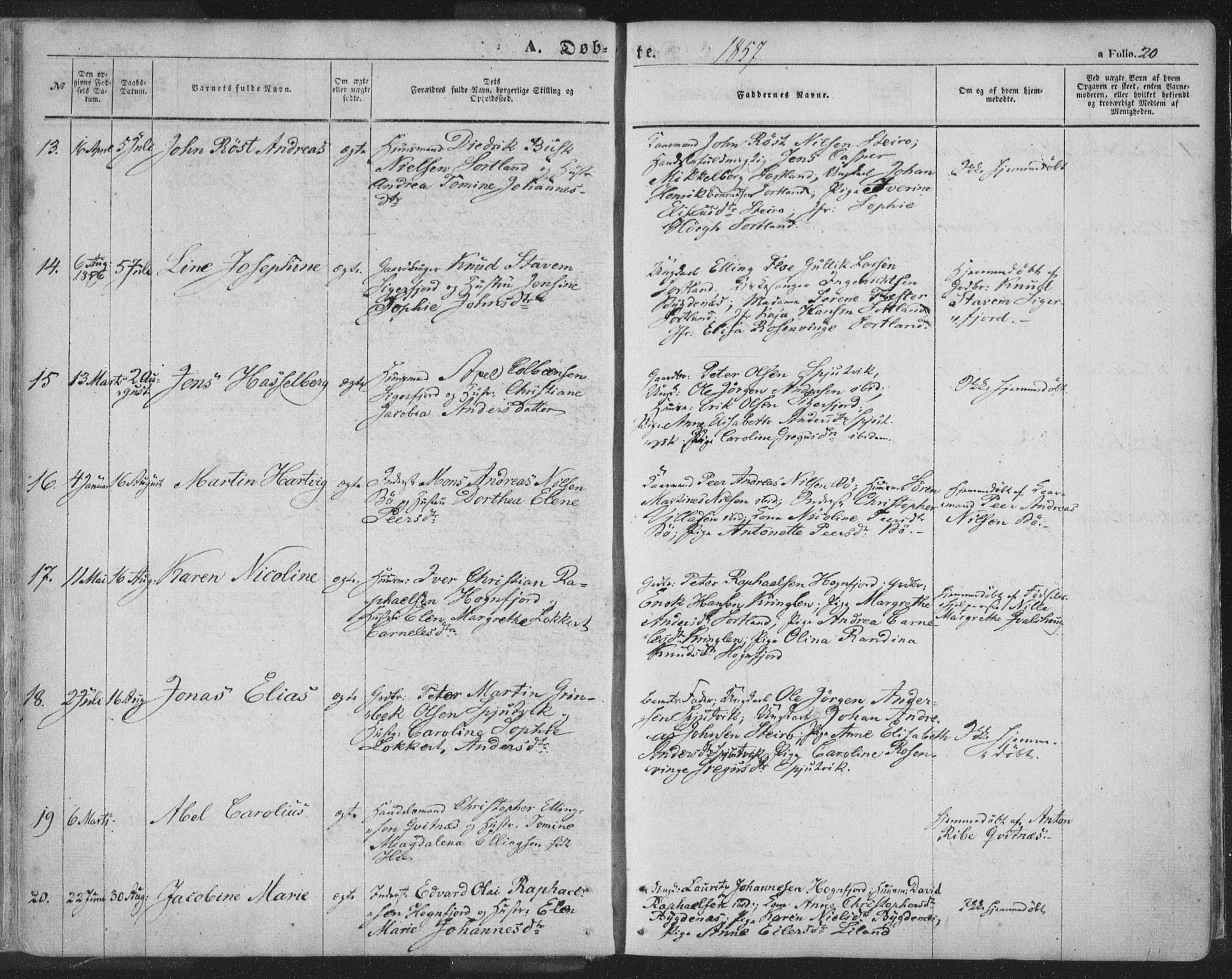 Ministerialprotokoller, klokkerbøker og fødselsregistre - Nordland, SAT/A-1459/895/L1369: Parish register (official) no. 895A04, 1852-1872, p. 20