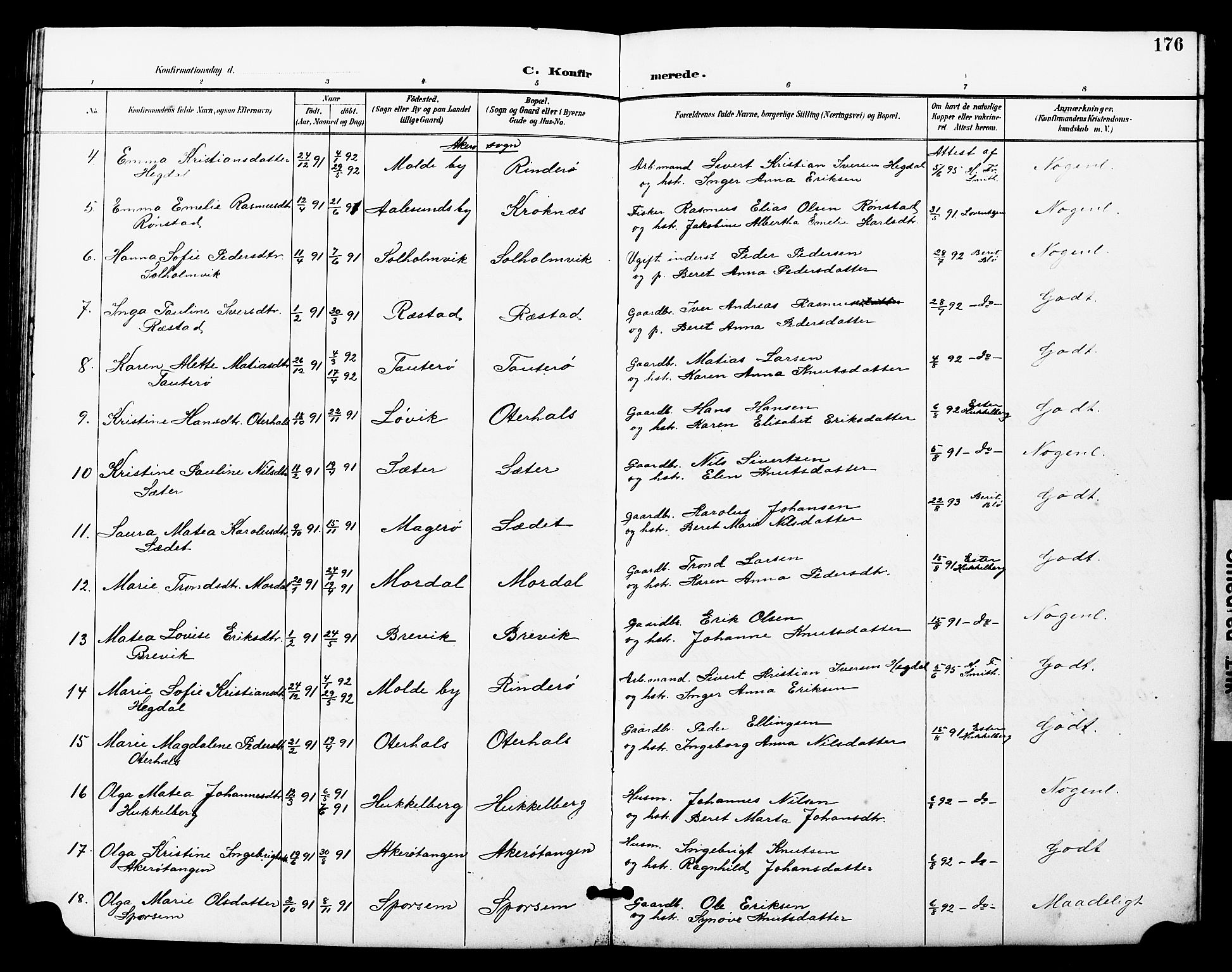 Ministerialprotokoller, klokkerbøker og fødselsregistre - Møre og Romsdal, SAT/A-1454/560/L0725: Parish register (copy) no. 560C02, 1895-1930, p. 176