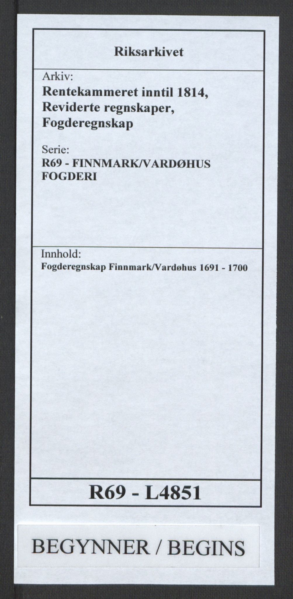 Rentekammeret inntil 1814, Reviderte regnskaper, Fogderegnskap, RA/EA-4092/R69/L4851: Fogderegnskap Finnmark/Vardøhus, 1691-1700, p. 1
