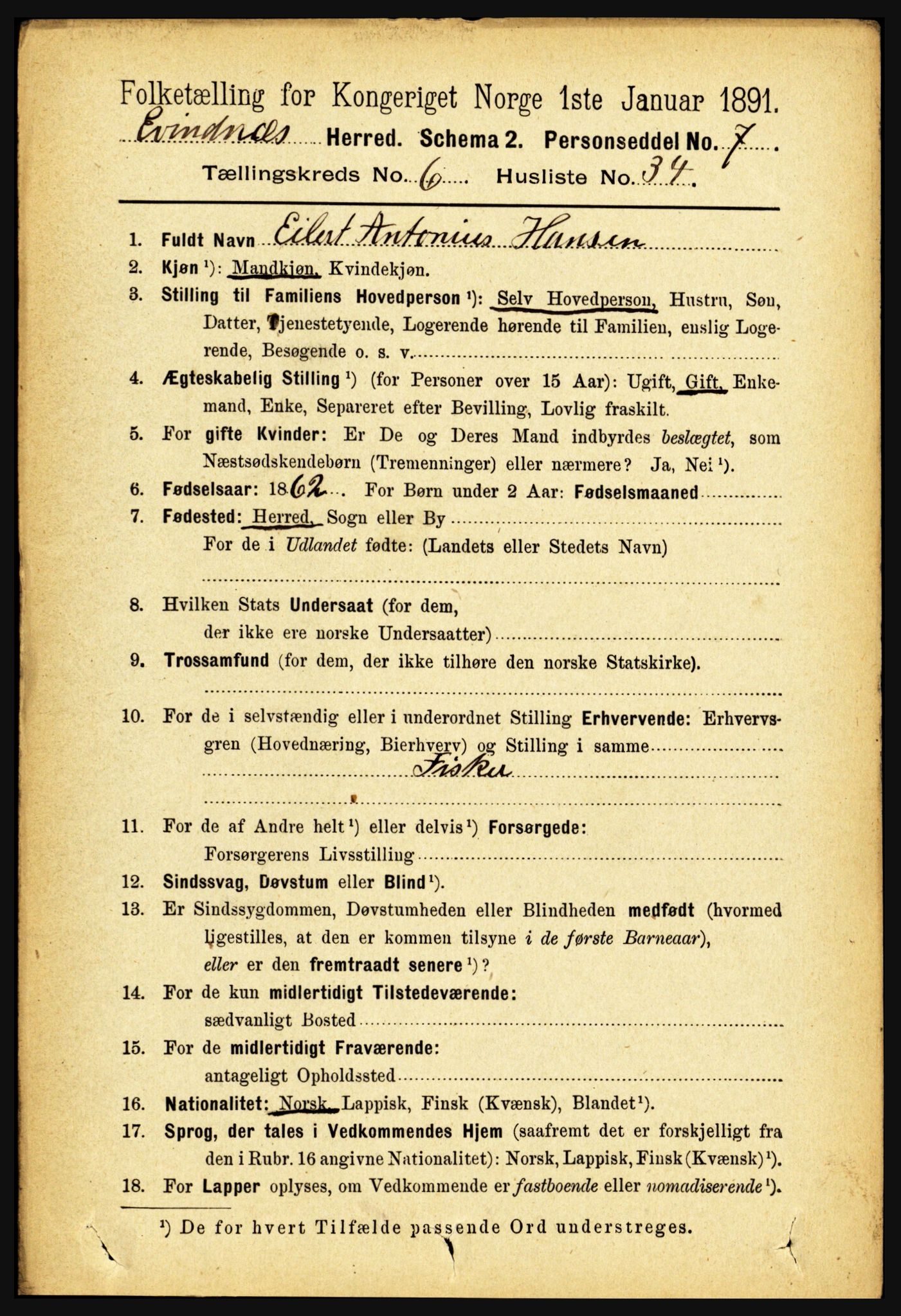 RA, 1891 census for 1853 Evenes, 1891, p. 2117