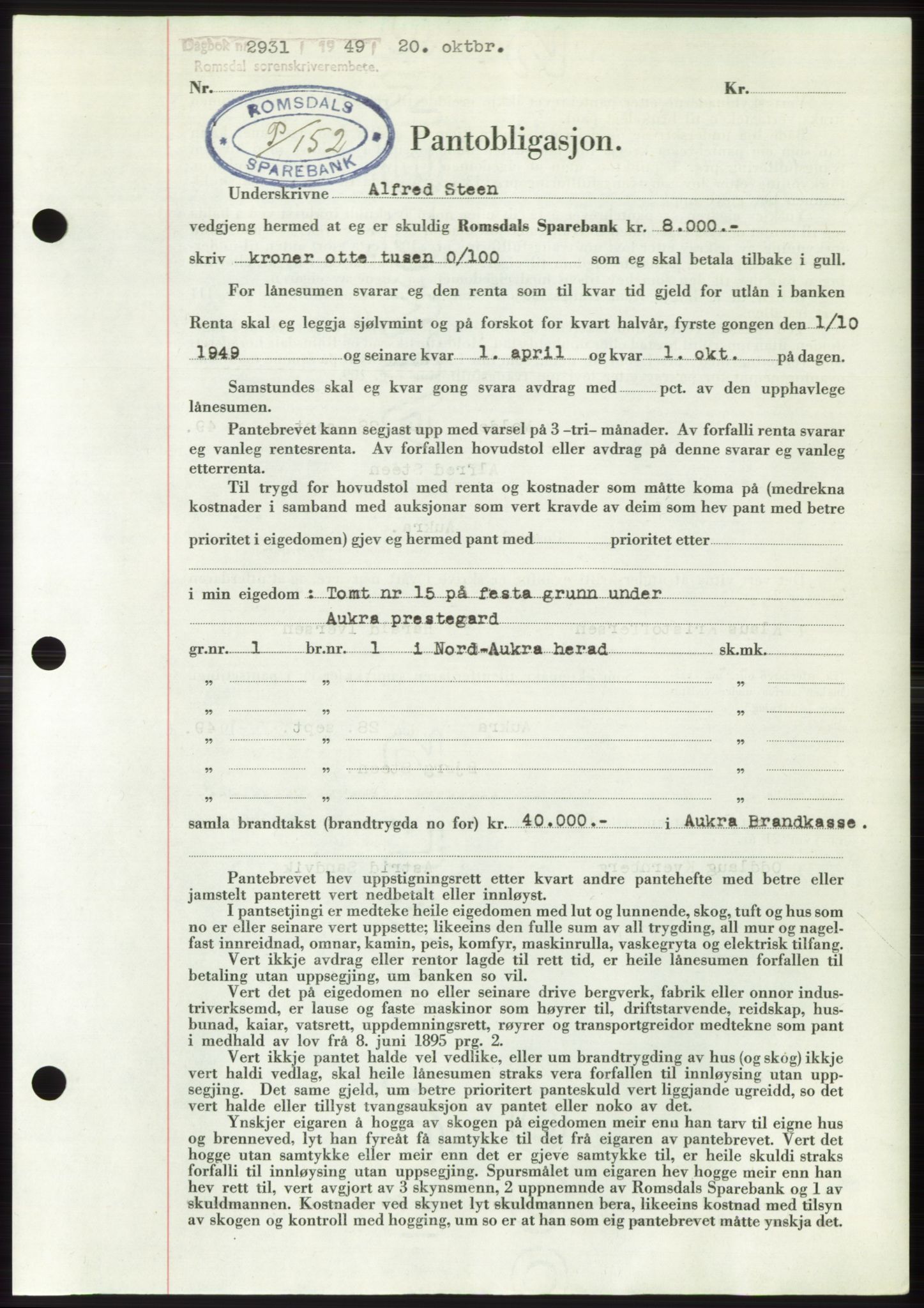 Romsdal sorenskriveri, AV/SAT-A-4149/1/2/2C: Mortgage book no. B5, 1949-1950, Diary no: : 2931/1949