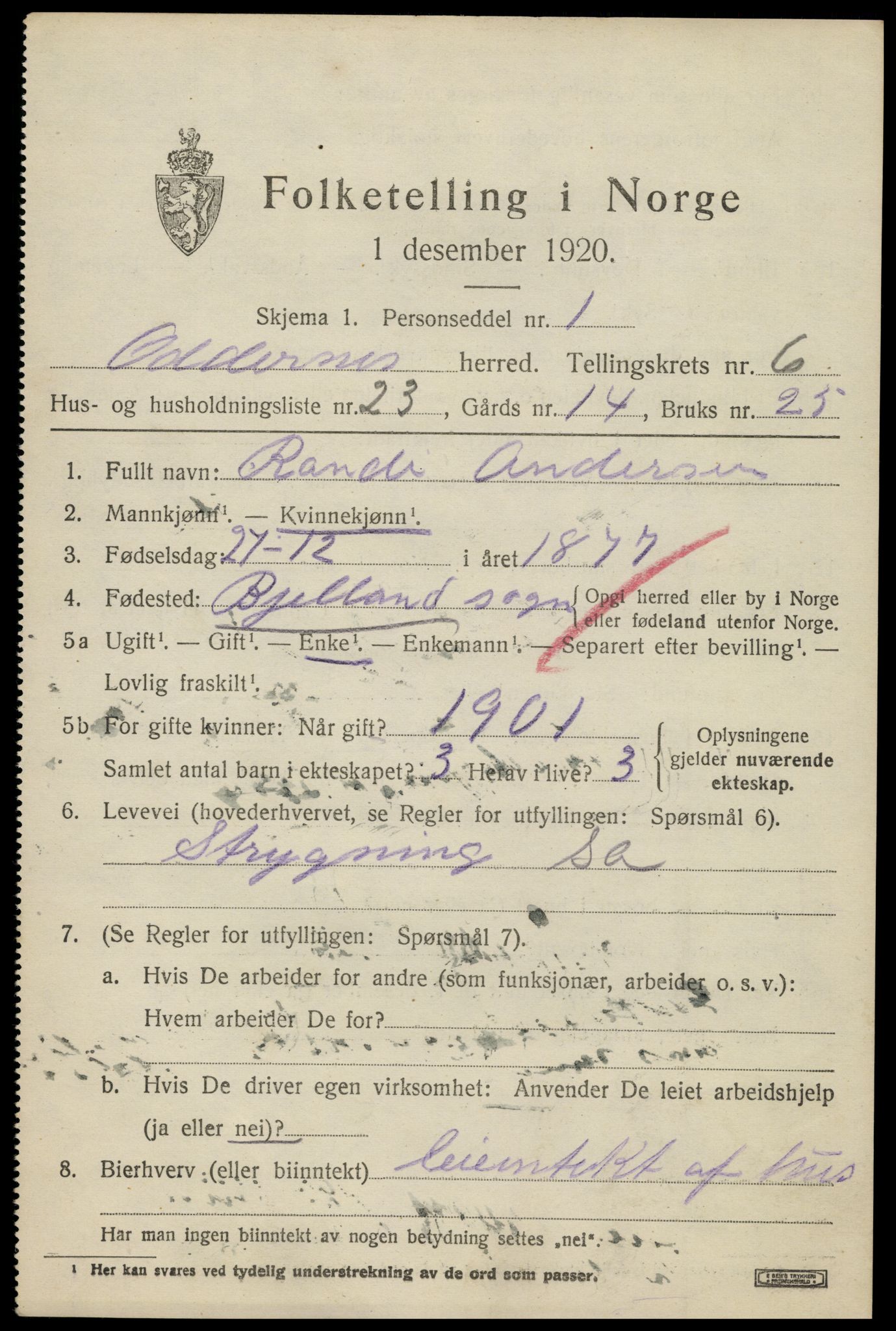 SAK, 1920 census for Oddernes, 1920, p. 5161