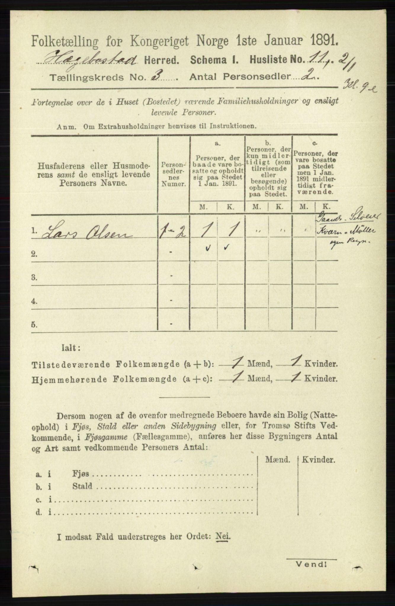 RA, 1891 census for 1034 Hægebostad, 1891, p. 827