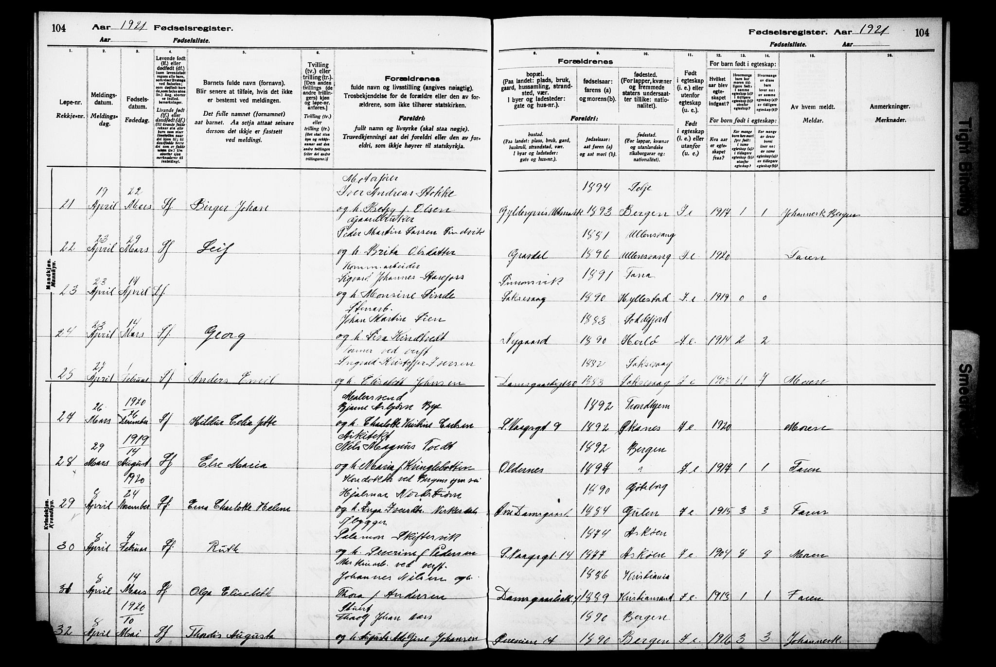 Laksevåg Sokneprestembete, AV/SAB-A-76501/I/Id/L00A1: Birth register no. A 1, 1916-1926, p. 104