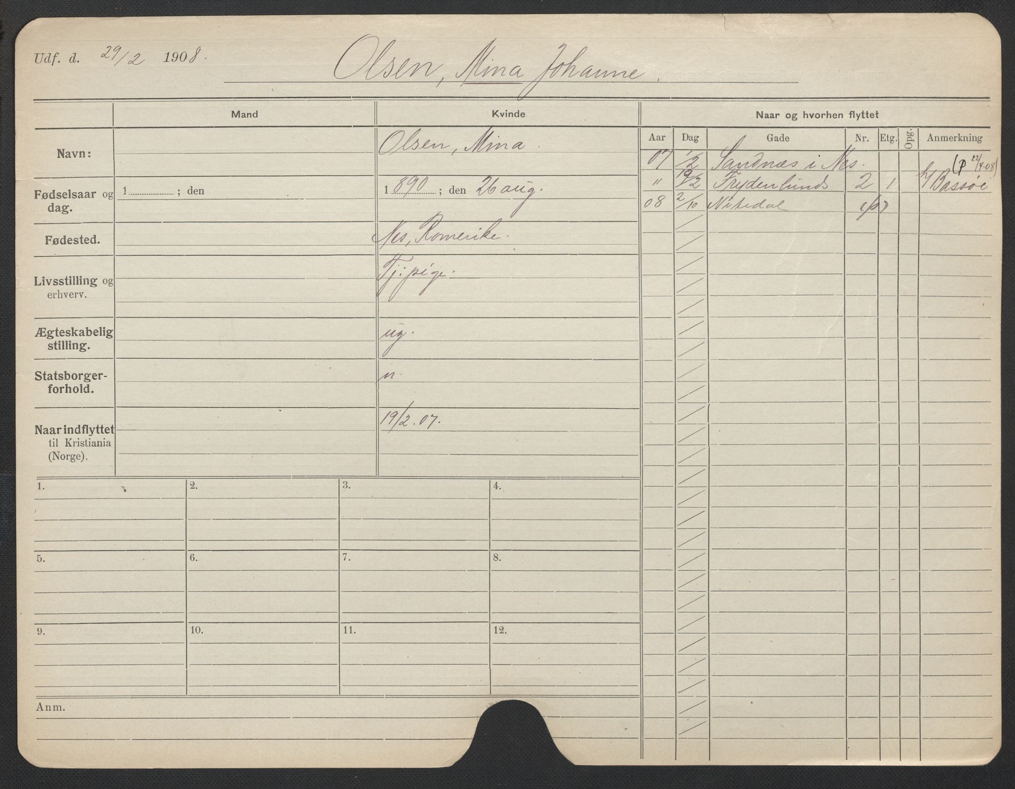 Oslo folkeregister, Registerkort, AV/SAO-A-11715/F/Fa/Fac/L0022: Kvinner, 1906-1914, p. 209a