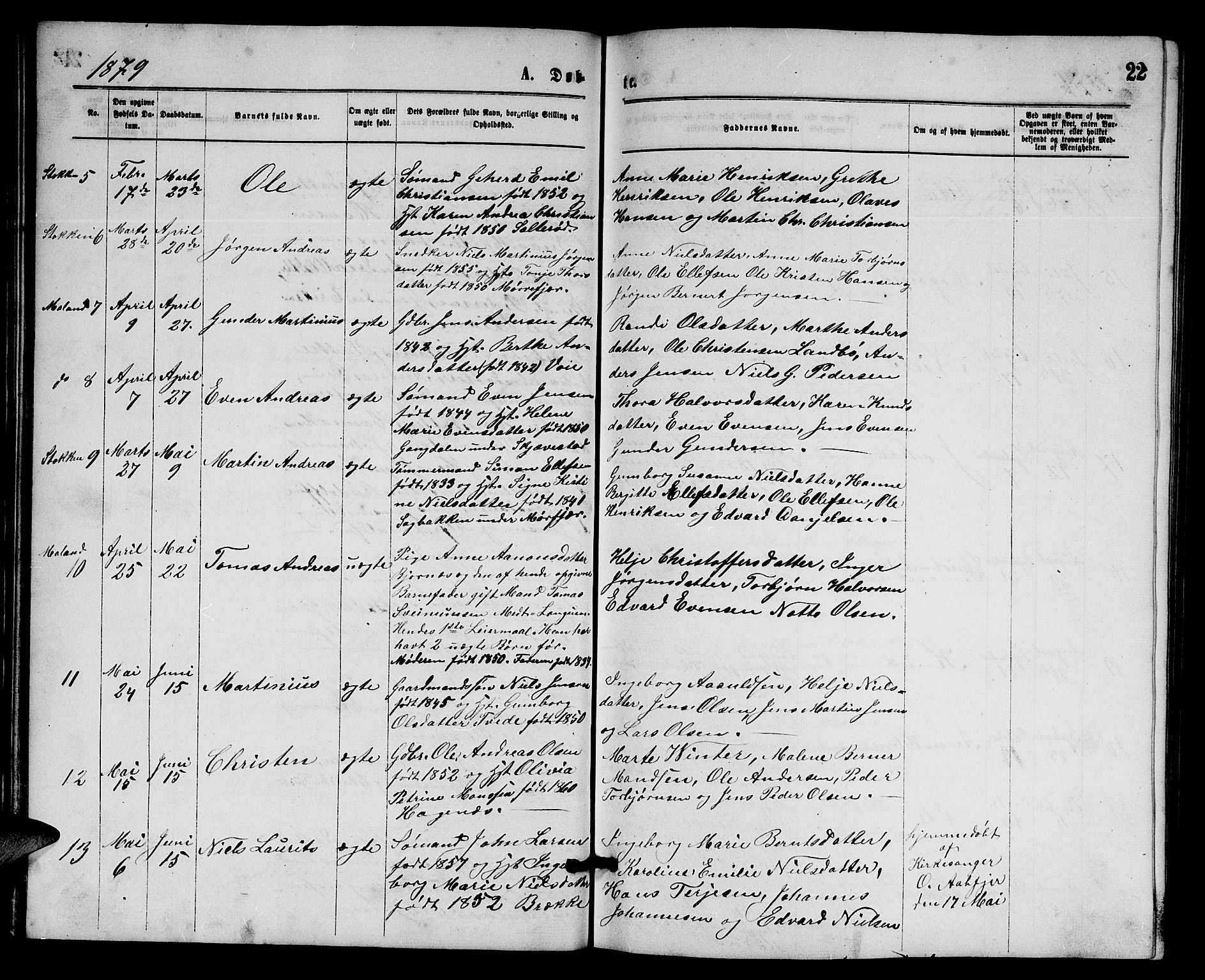 Austre Moland sokneprestkontor, AV/SAK-1111-0001/F/Fb/Fba/L0002: Parish register (copy) no. B 2, 1869-1879, p. 22