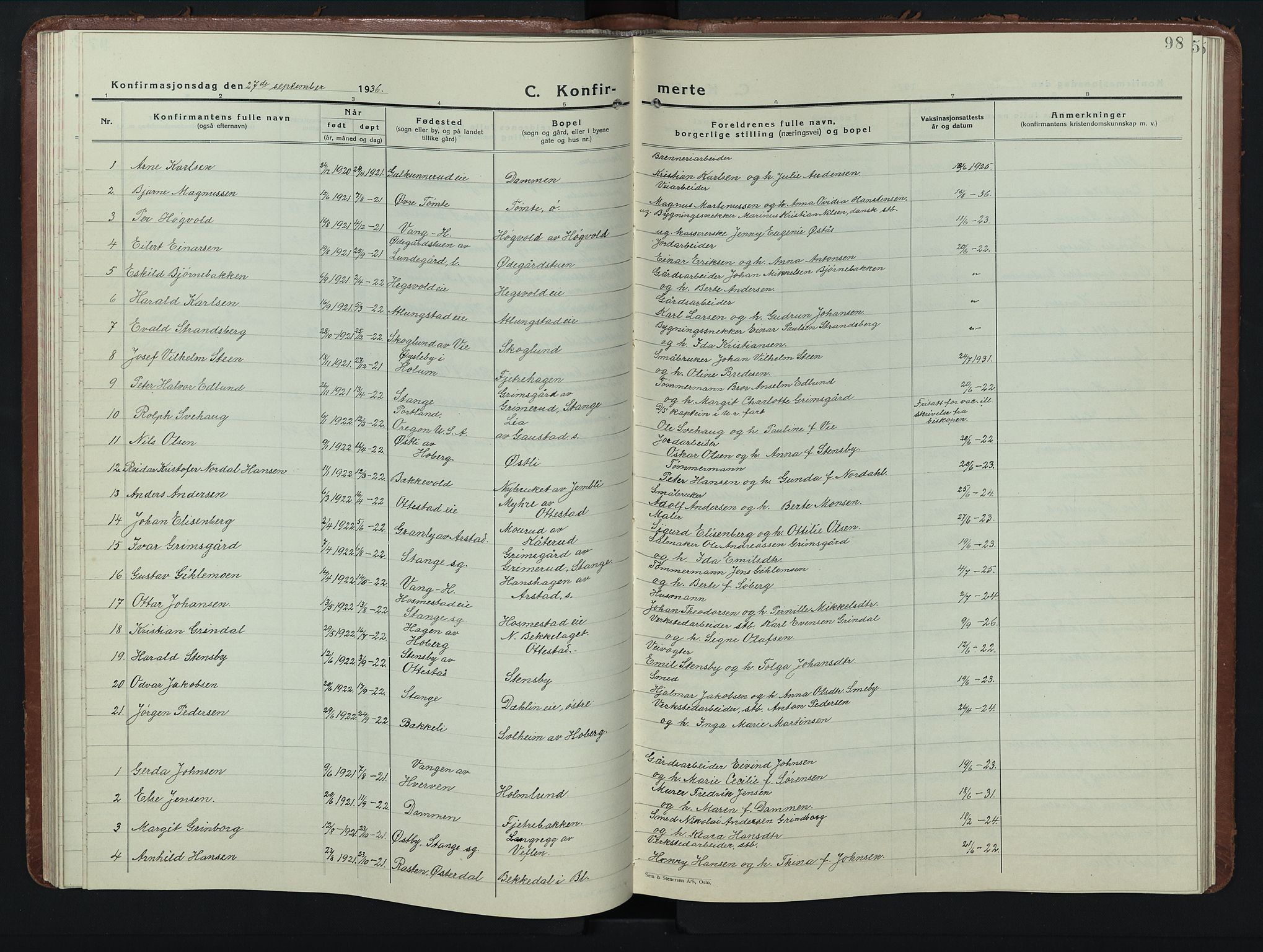 Stange prestekontor, AV/SAH-PREST-002/L/L0019: Parish register (copy) no. 19, 1929-1947, p. 98