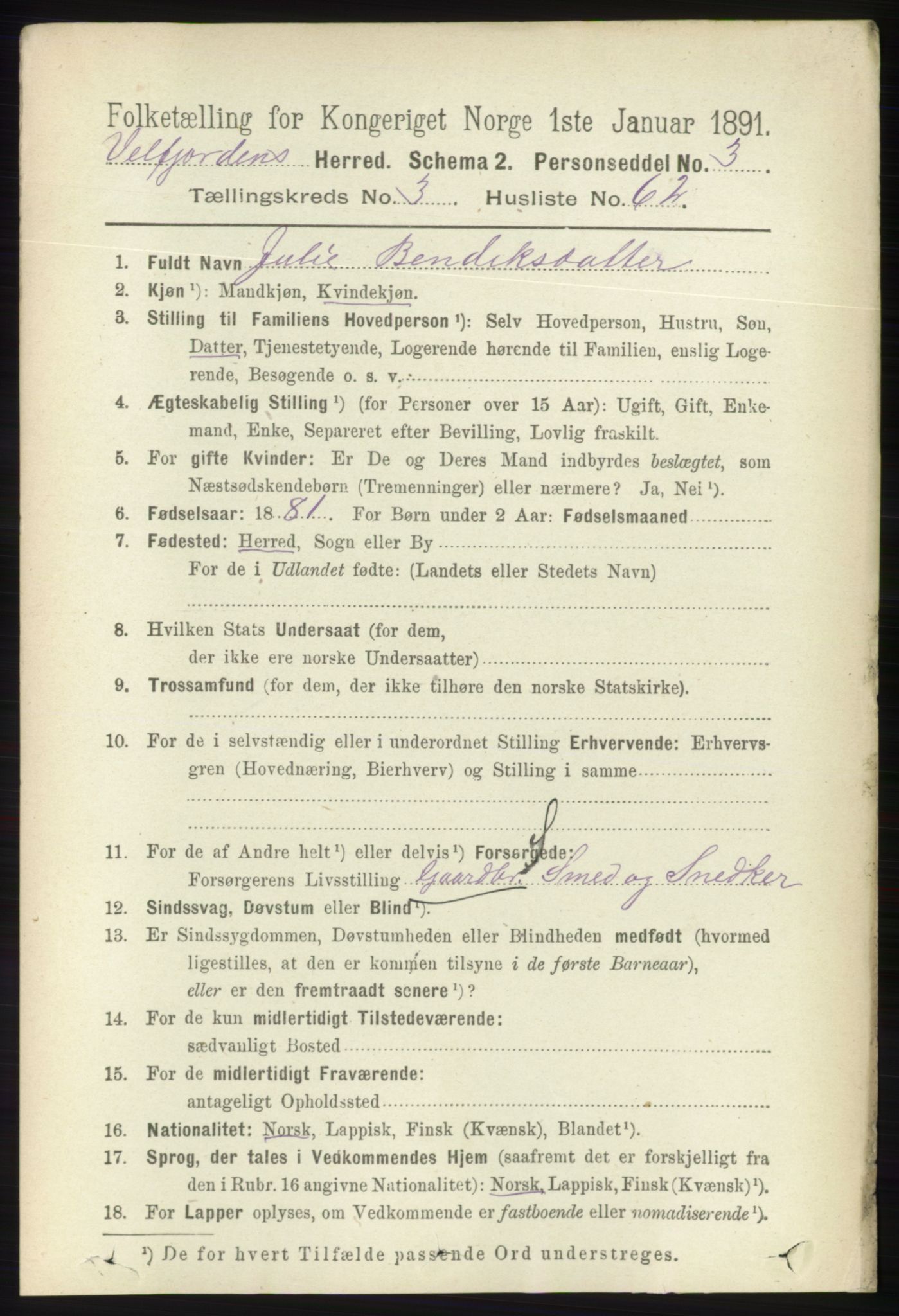 RA, 1891 census for 1813 Velfjord, 1891, p. 1446