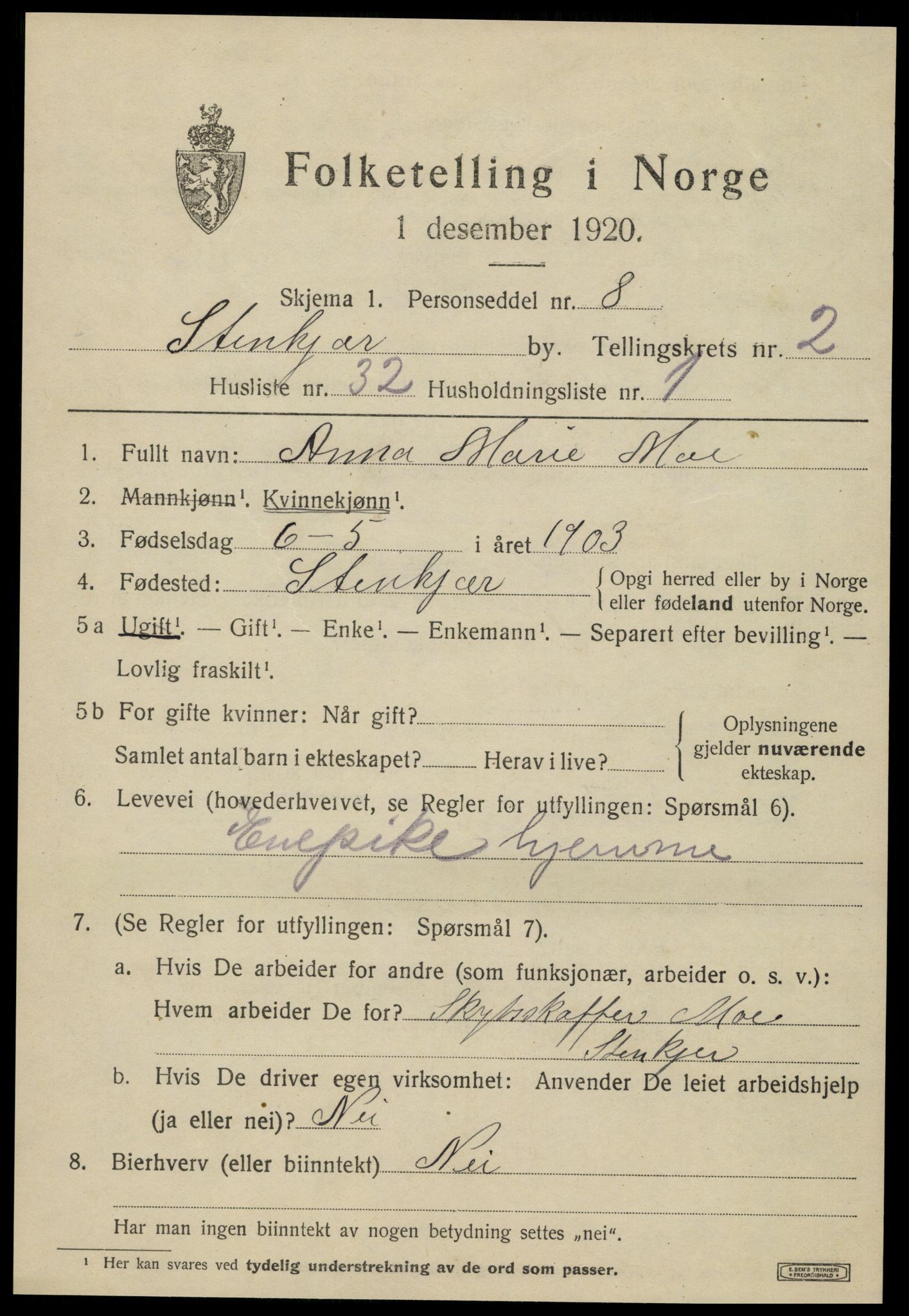 SAT, 1920 census for Steinkjer, 1920, p. 4866