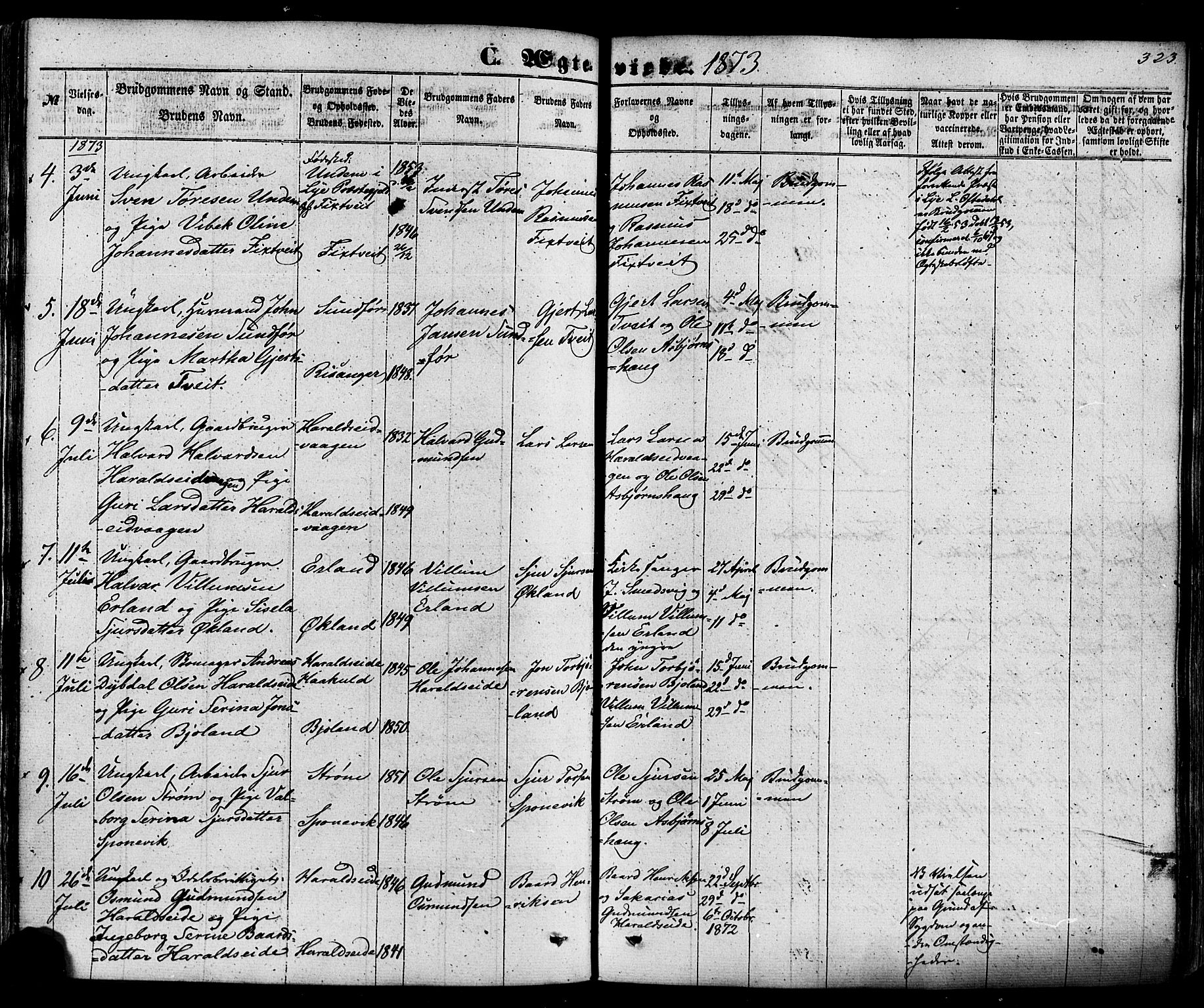 Skjold sokneprestkontor, SAST/A-101847/H/Ha/Haa/L0008: Parish register (official) no. A 8, 1856-1882, p. 323