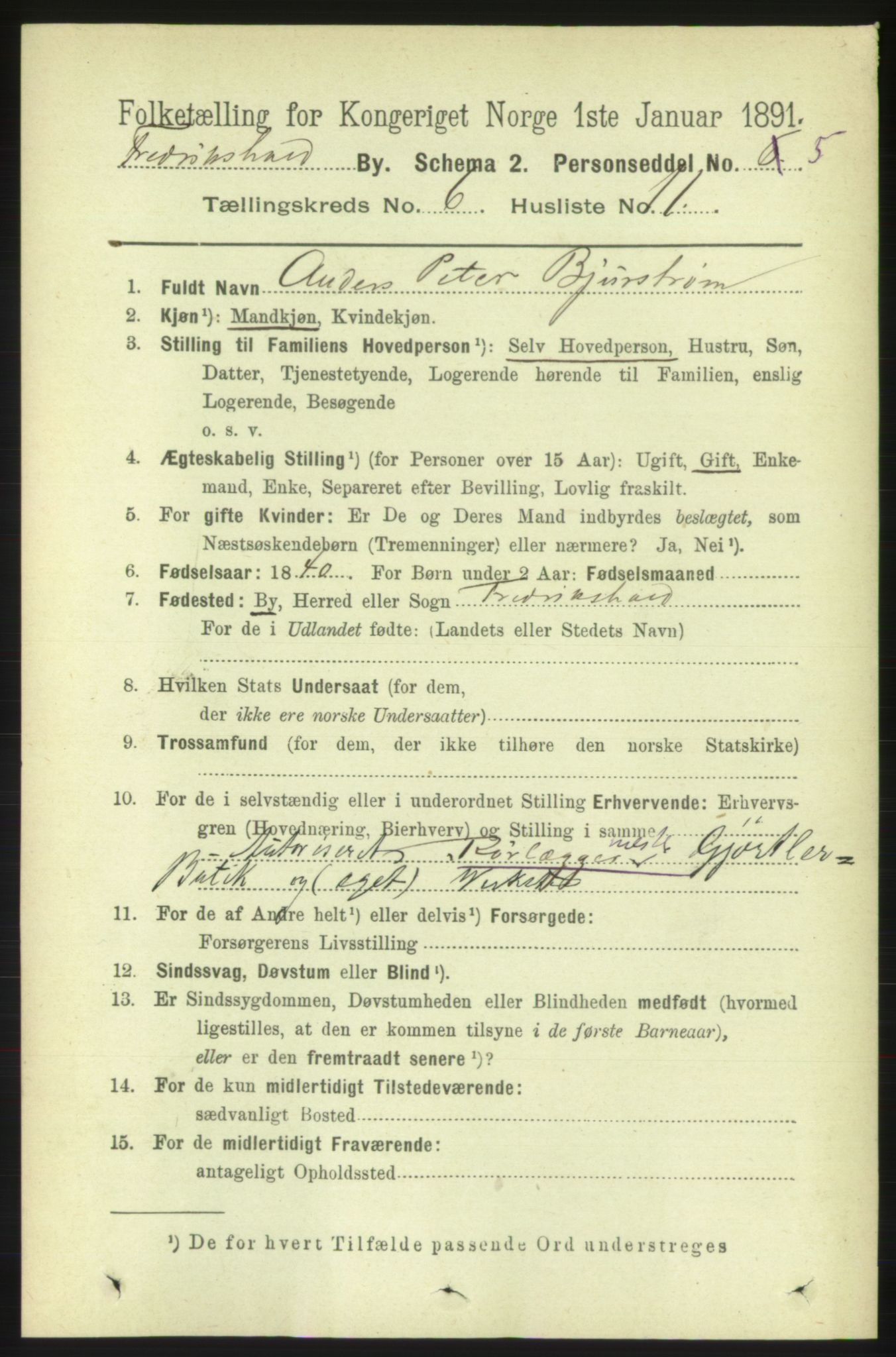 RA, 1891 census for 0101 Fredrikshald, 1891, p. 4666