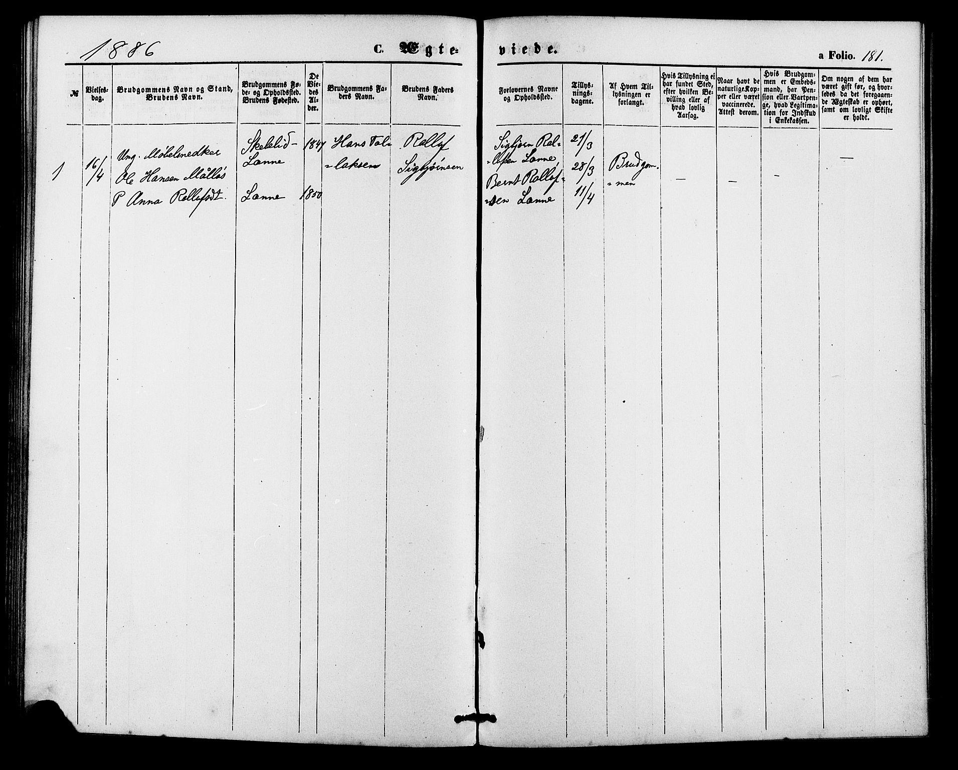 Bakke sokneprestkontor, SAK/1111-0002/F/Fa/Faa/L0007: Parish register (official) no. A 7, 1877-1886, p. 181