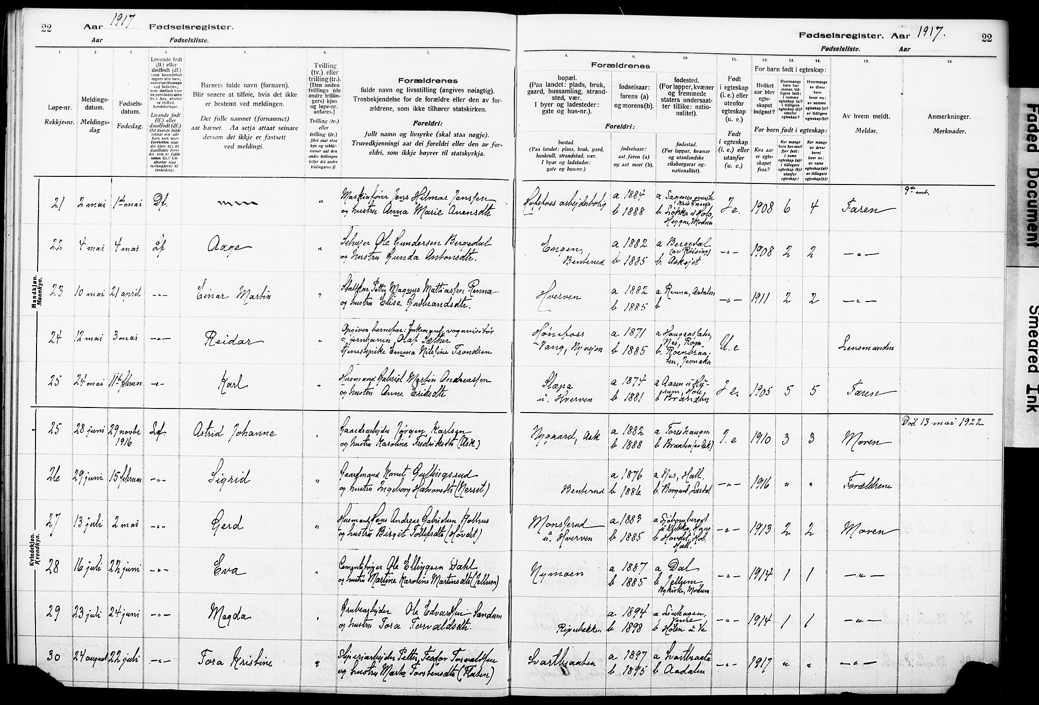 Norderhov kirkebøker, AV/SAKO-A-237/J/Ja/L0001: Birth register no. 1, 1916-1930, p. 22