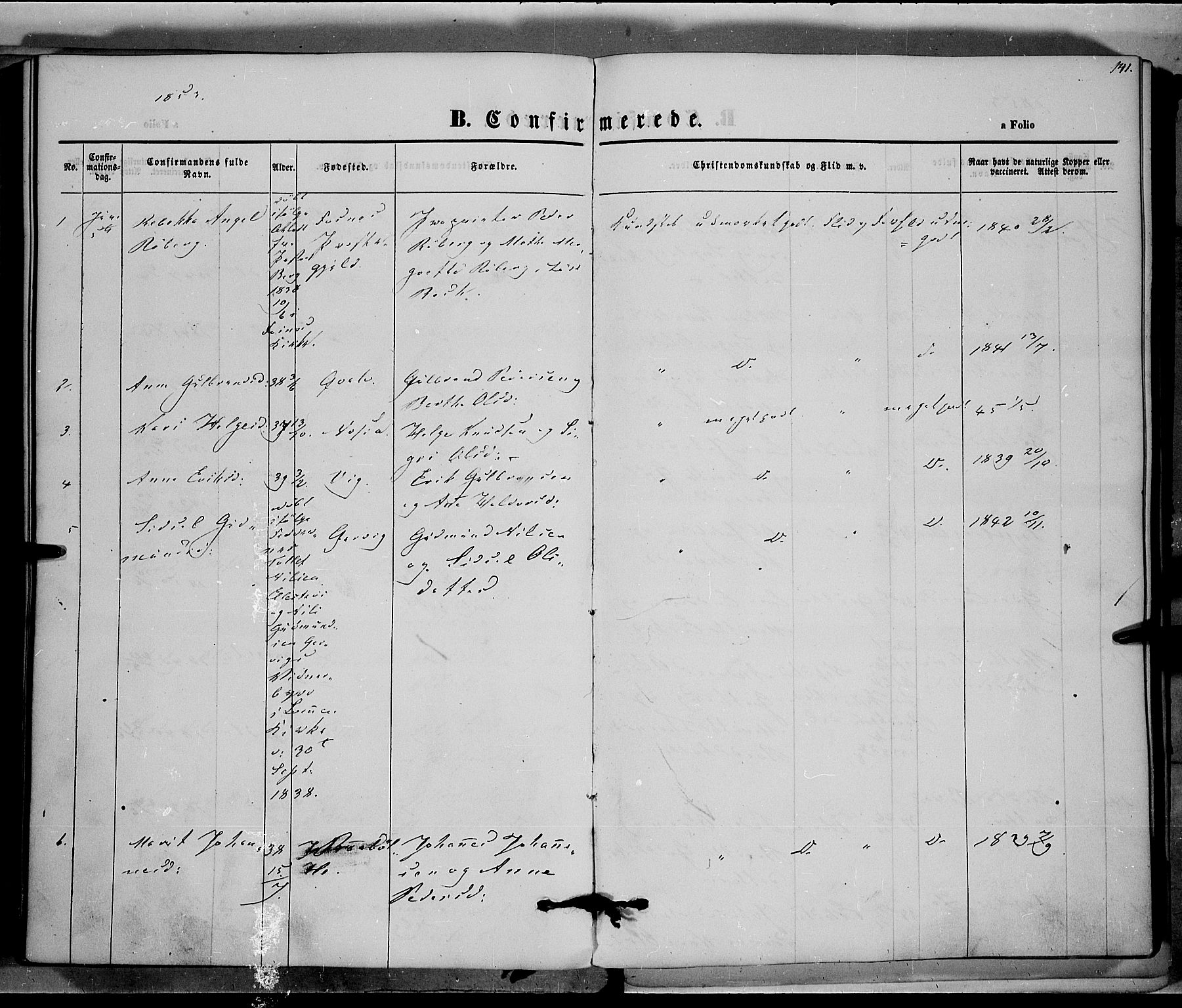 Vestre Slidre prestekontor, AV/SAH-PREST-136/H/Ha/Haa/L0001: Parish register (official) no. 1, 1844-1855, p. 141