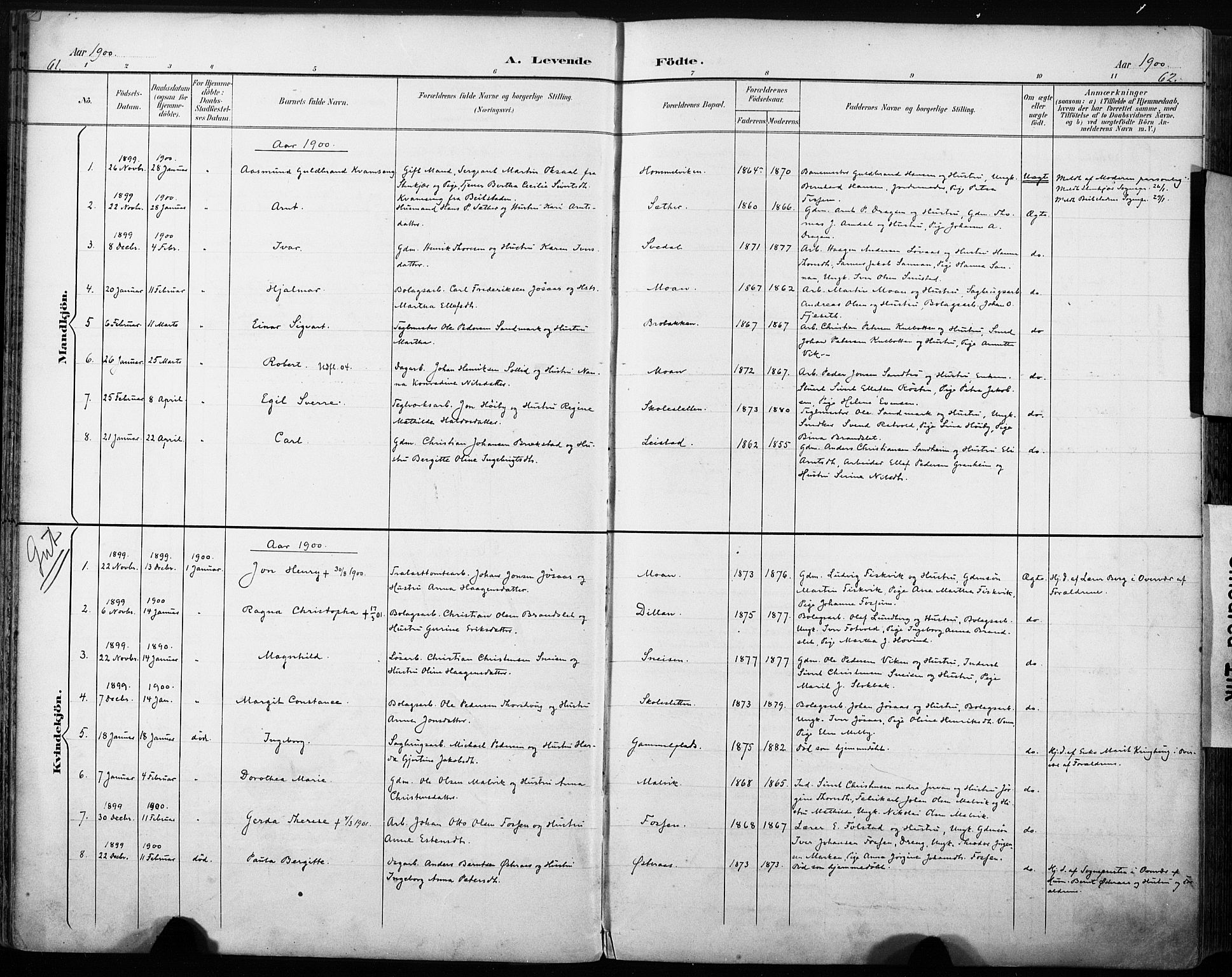 Ministerialprotokoller, klokkerbøker og fødselsregistre - Sør-Trøndelag, SAT/A-1456/616/L0411: Parish register (official) no. 616A08, 1894-1906, p. 61-62