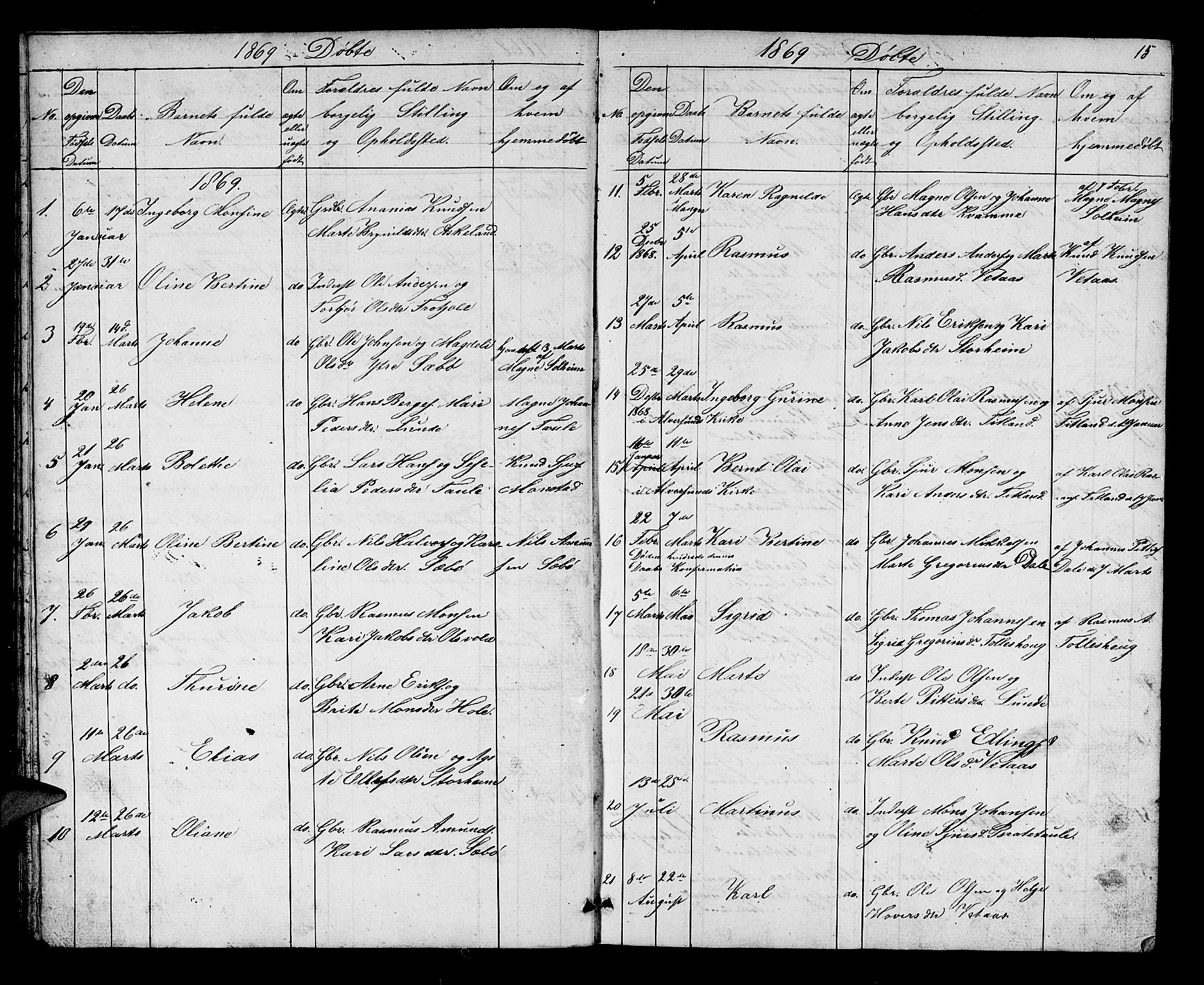 Manger sokneprestembete, AV/SAB-A-76801/H/Hab: Parish register (copy) no. D 1, 1859-1882, p. 15