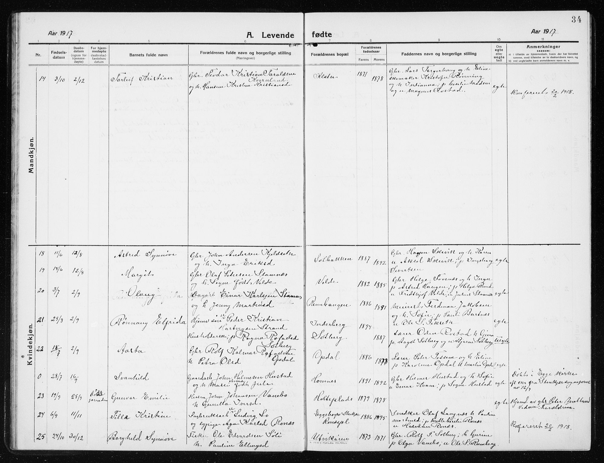 Ministerialprotokoller, klokkerbøker og fødselsregistre - Nord-Trøndelag, AV/SAT-A-1458/741/L0402: Parish register (copy) no. 741C03, 1911-1926, p. 34