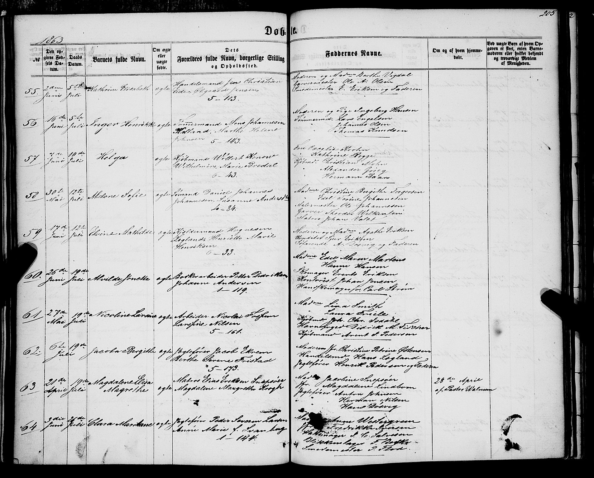 Nykirken Sokneprestembete, AV/SAB-A-77101/H/Haa/L0015: Parish register (official) no. B 2, 1858-1869, p. 205