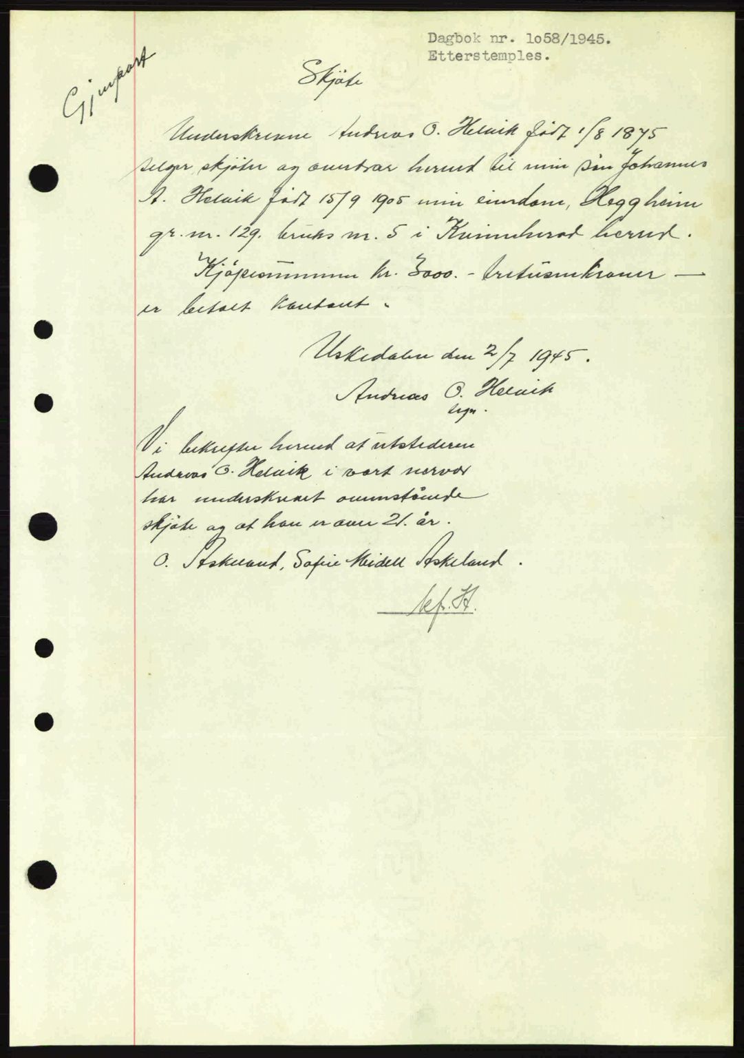 Sunnhordland sorenskrivar, AV/SAB-A-2401: Mortgage book no. A77, 1945-1945, Diary no: : 1058/1945
