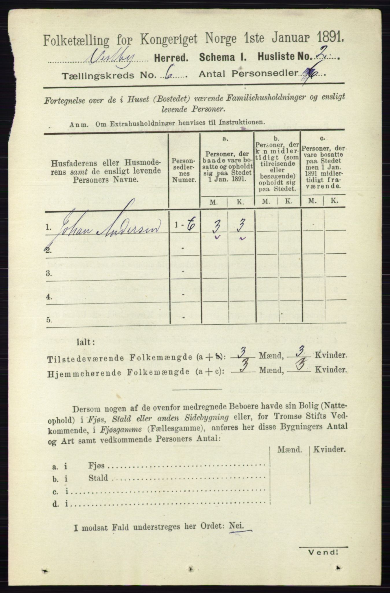 RA, 1891 census for 0211 Vestby, 1891, p. 2805